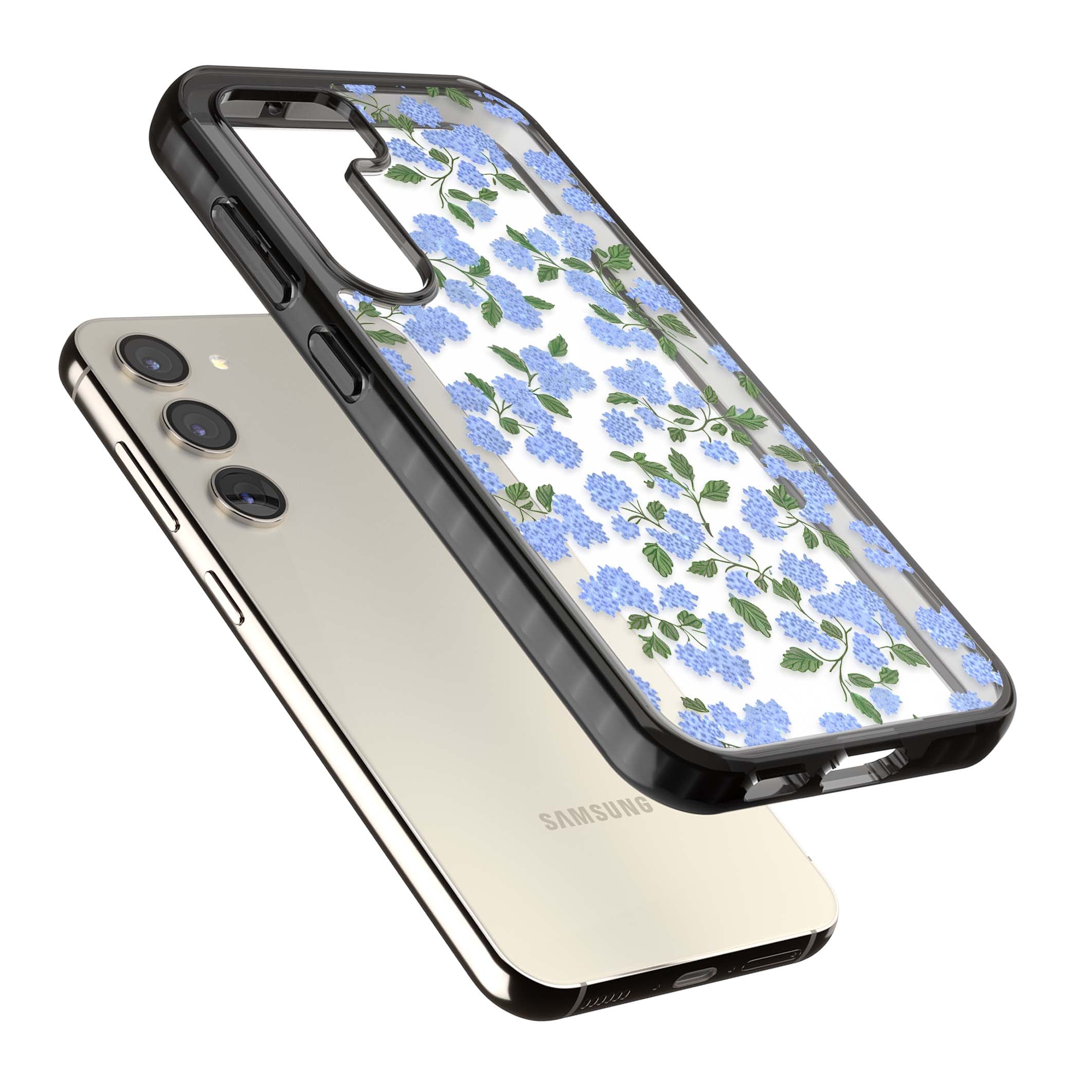 Hydrangea Dreams cottagecore iPhone case featuring soft blue hydrangea flower clusters and green leaves | Black Impact case for Samsung Galaxy S24, Samsung Galaxy S23, Samsung Galaxy S22