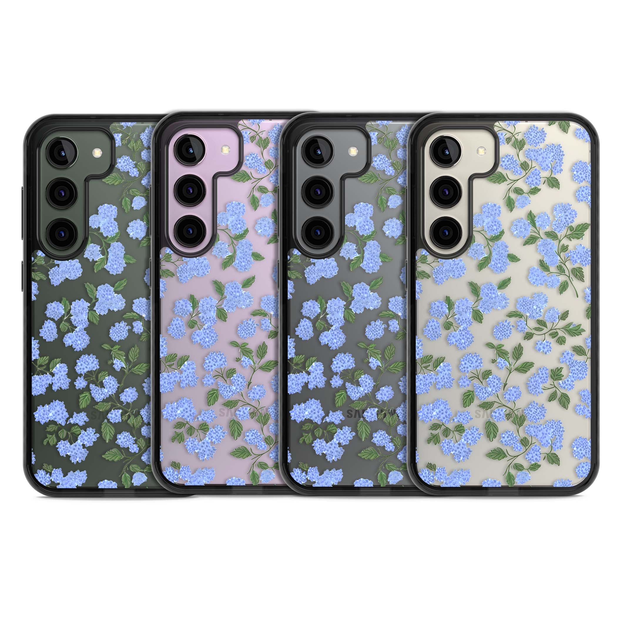 Hydrangea Dreams cottagecore iPhone case featuring soft blue hydrangea flower clusters and green leaves | Black Impact case for Samsung Galaxy S24, Samsung Galaxy S23, Samsung Galaxy S22