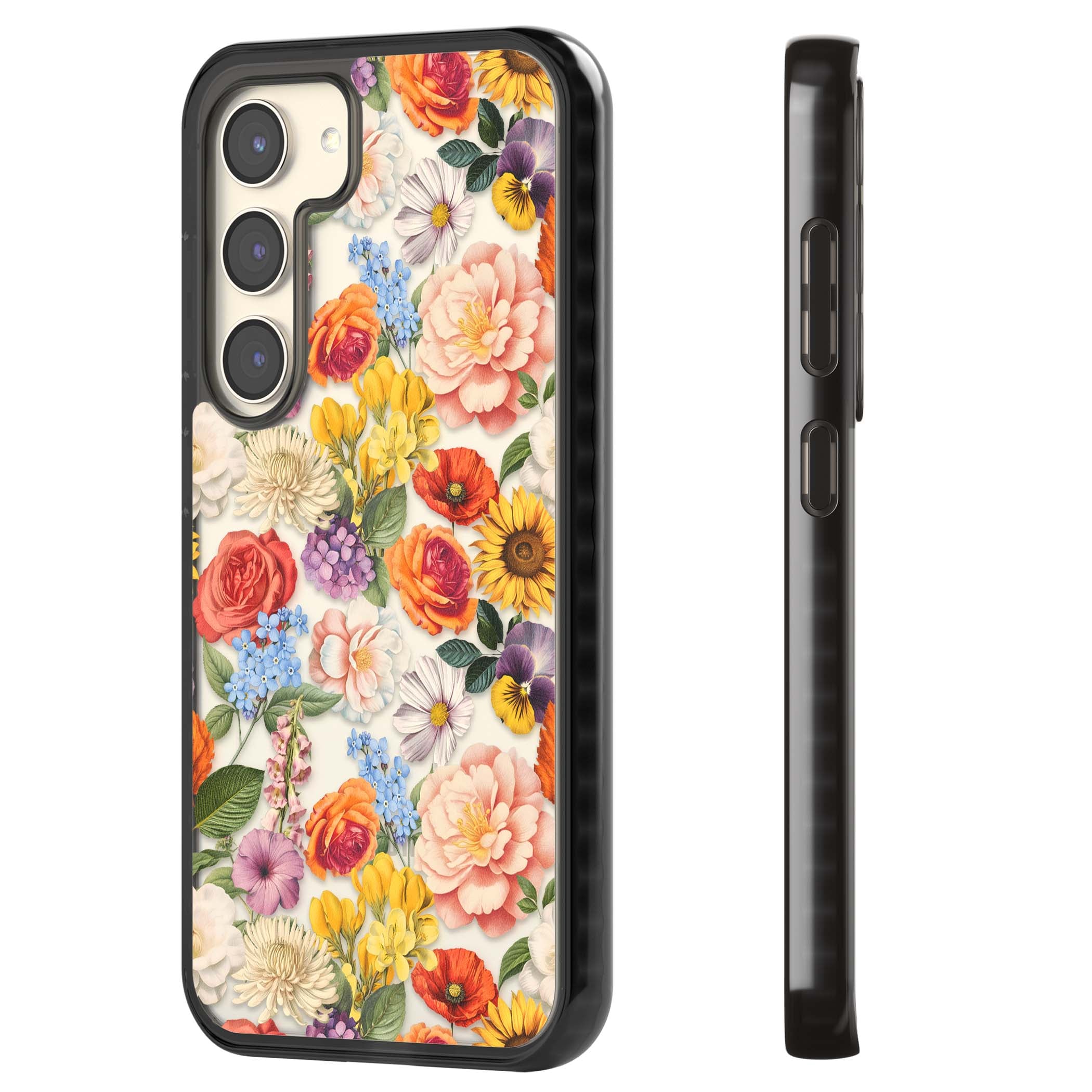 Bloom Basket floral iPhone case featuring cottage garden flowers including peonies, sunflowers, and wildflowers in pastel col | Black Impact case for Samsung Galaxy S24, Samsung Galaxy S23, Samsung Galaxy S22