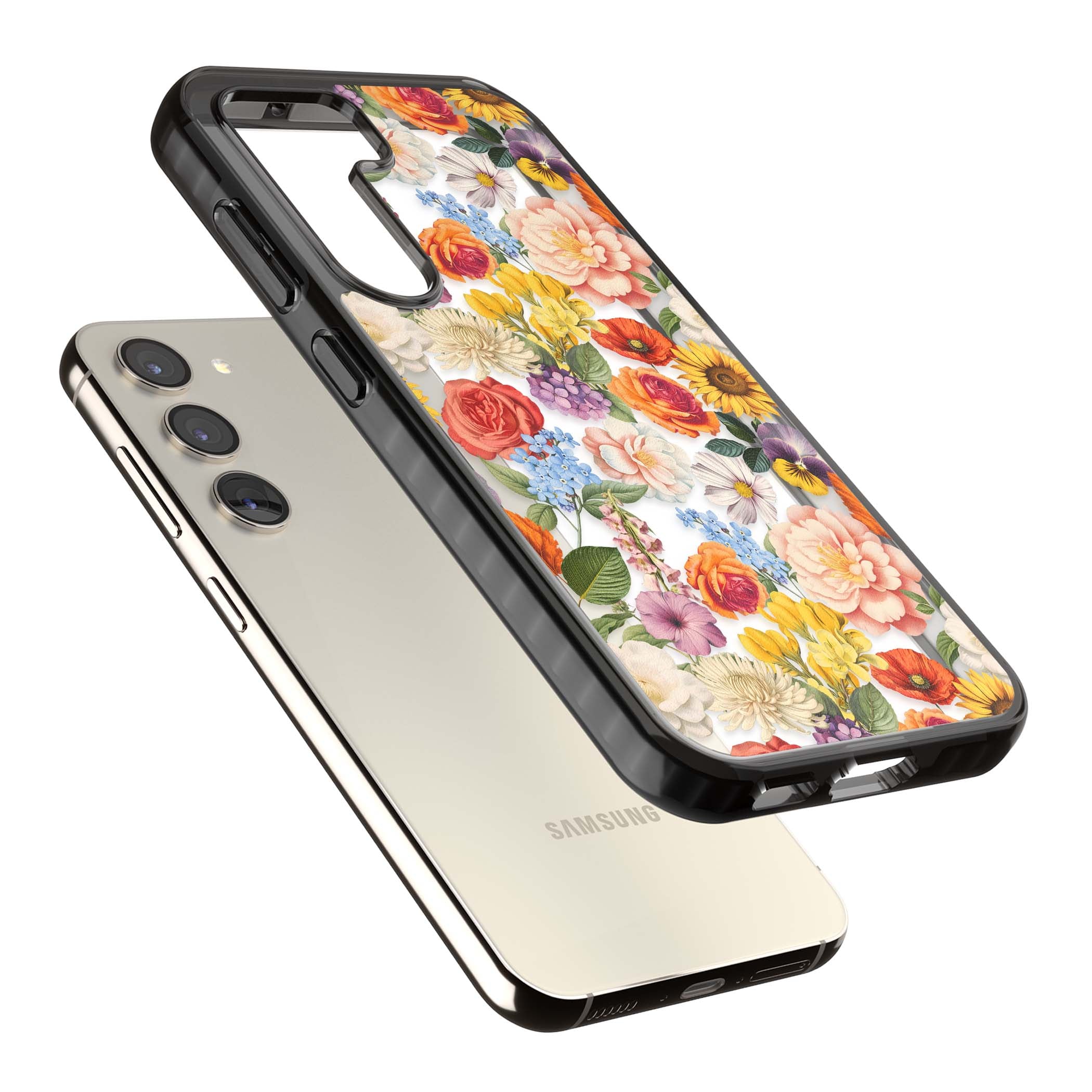 Bloom Basket floral iPhone case featuring cottage garden flowers including peonies, sunflowers, and wildflowers in pastel col | Black Impact case for Samsung Galaxy S24, Samsung Galaxy S23, Samsung Galaxy S22