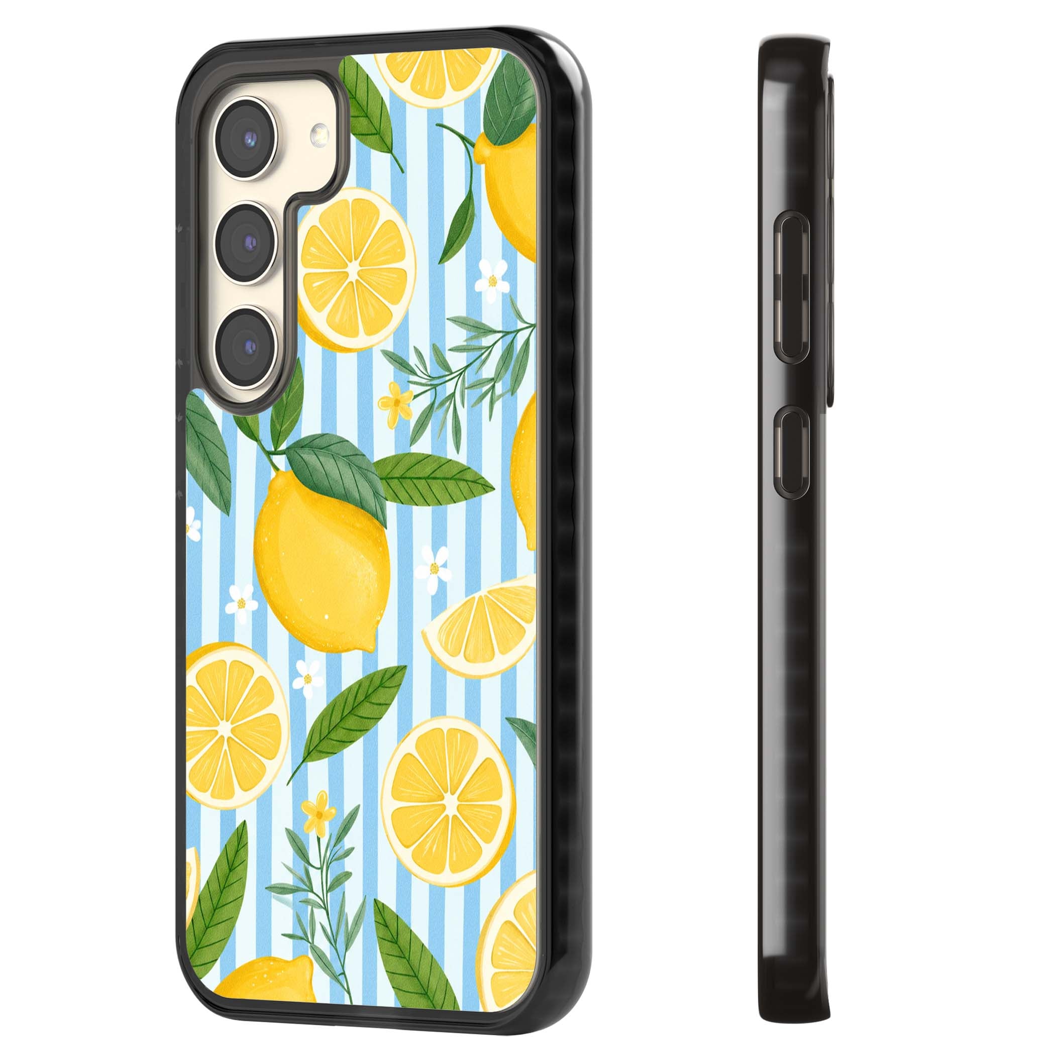 Capri Citrus Stripe coastal iPhone case featuring yellow lemons, blue stripes, and white daisy blossoms | Black Impact case for Samsung Galaxy S24, Samsung Galaxy S23, Samsung Galaxy S22
