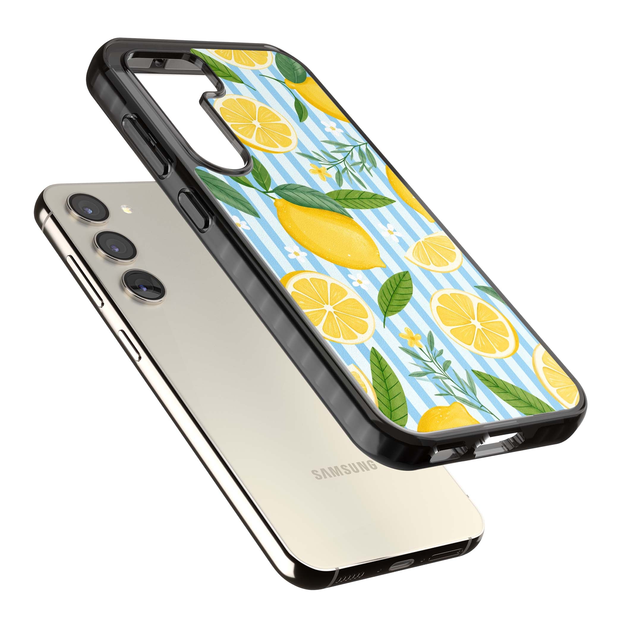 Capri Citrus Stripe coastal iPhone case featuring yellow lemons, blue stripes, and white daisy blossoms | Black Impact case for Samsung Galaxy S24, Samsung Galaxy S23, Samsung Galaxy S22