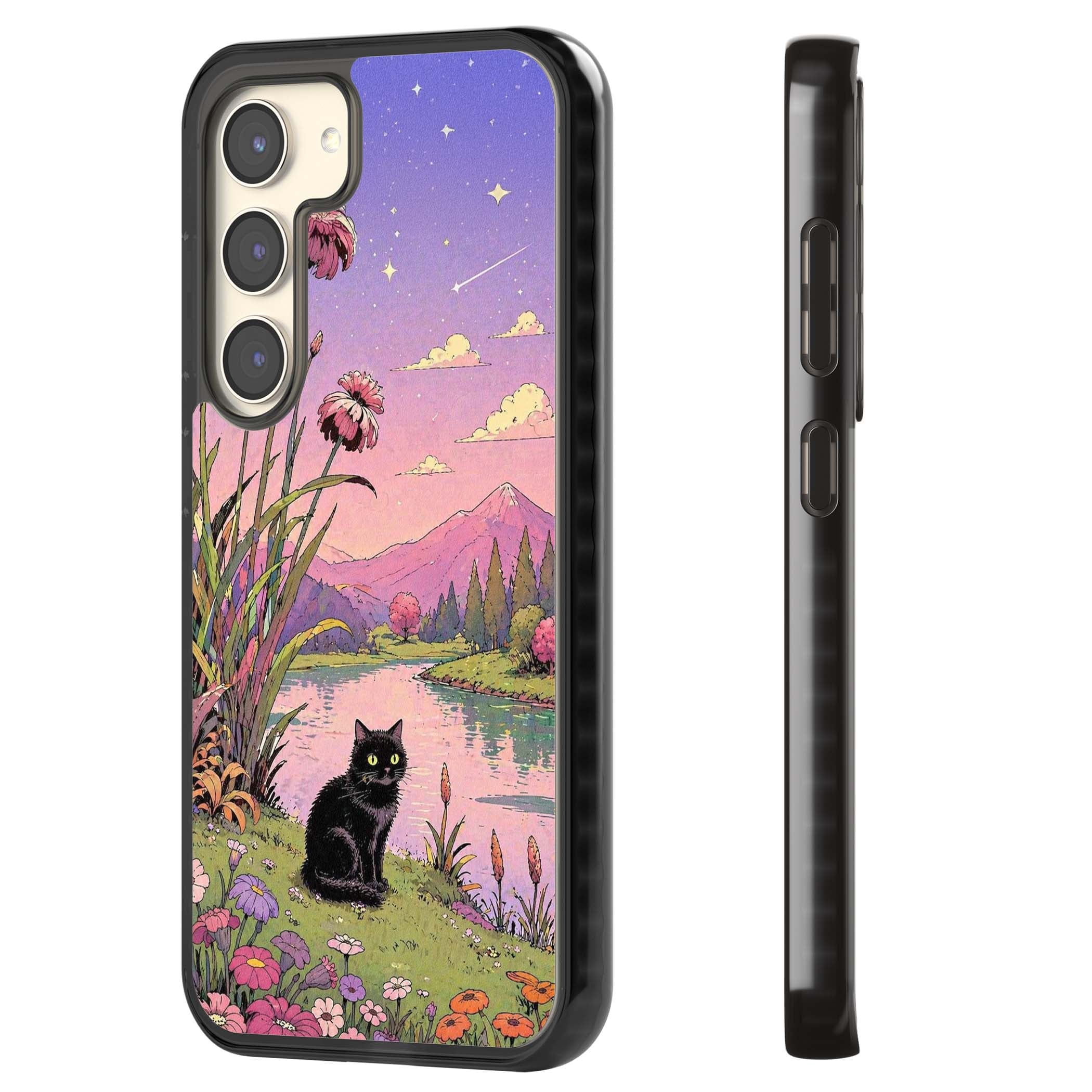 Mystic Whiskers ghibli iPhone case featuring a black cat by a pastel lake, wildflowers and a starry sunset sky | Black Impact case for Samsung Galaxy S24, Samsung Galaxy S23, Samsung Galaxy S22