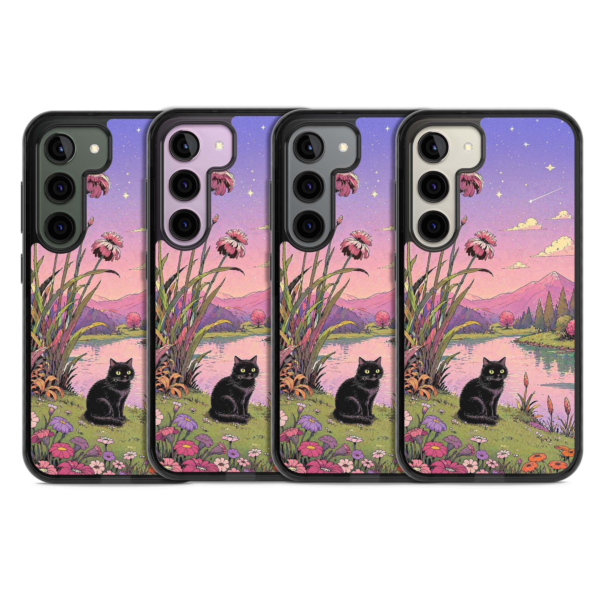 Mystic Whiskers ghibli iPhone case featuring a black cat by a pastel lake, wildflowers and a starry sunset sky | Black Impact case for Samsung Galaxy S24, Samsung Galaxy S23, Samsung Galaxy S22