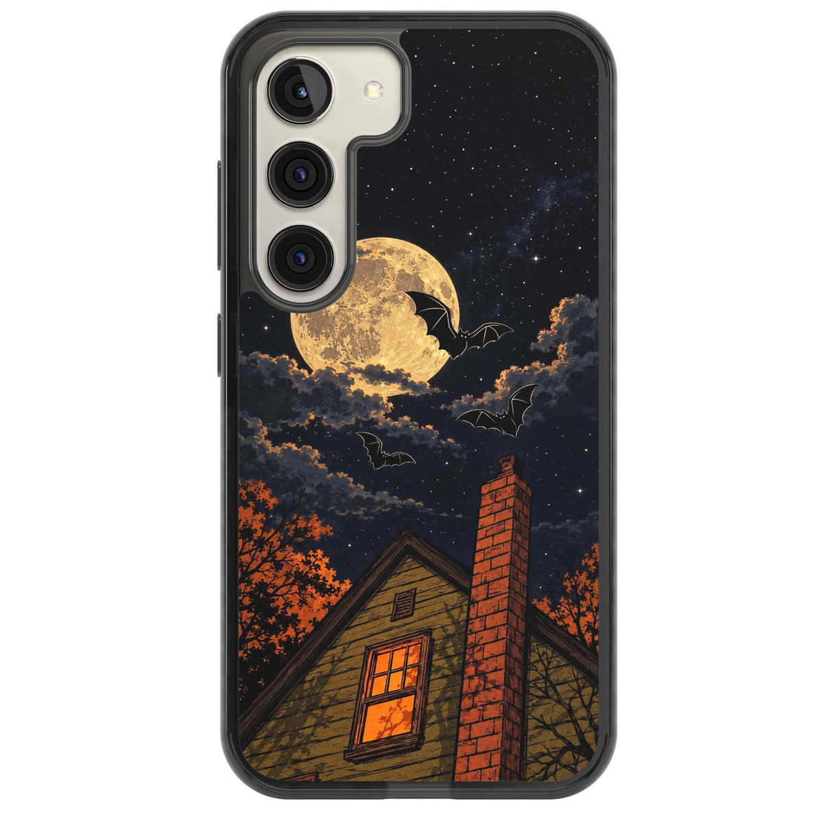Hollows Eve Halloween iPhone case featuring a haunted house, full moon and flying bats against a starry autumn sky | Black Impact case for Samsung Galaxy S24, Samsung Galaxy S23, Samsung Galaxy S22