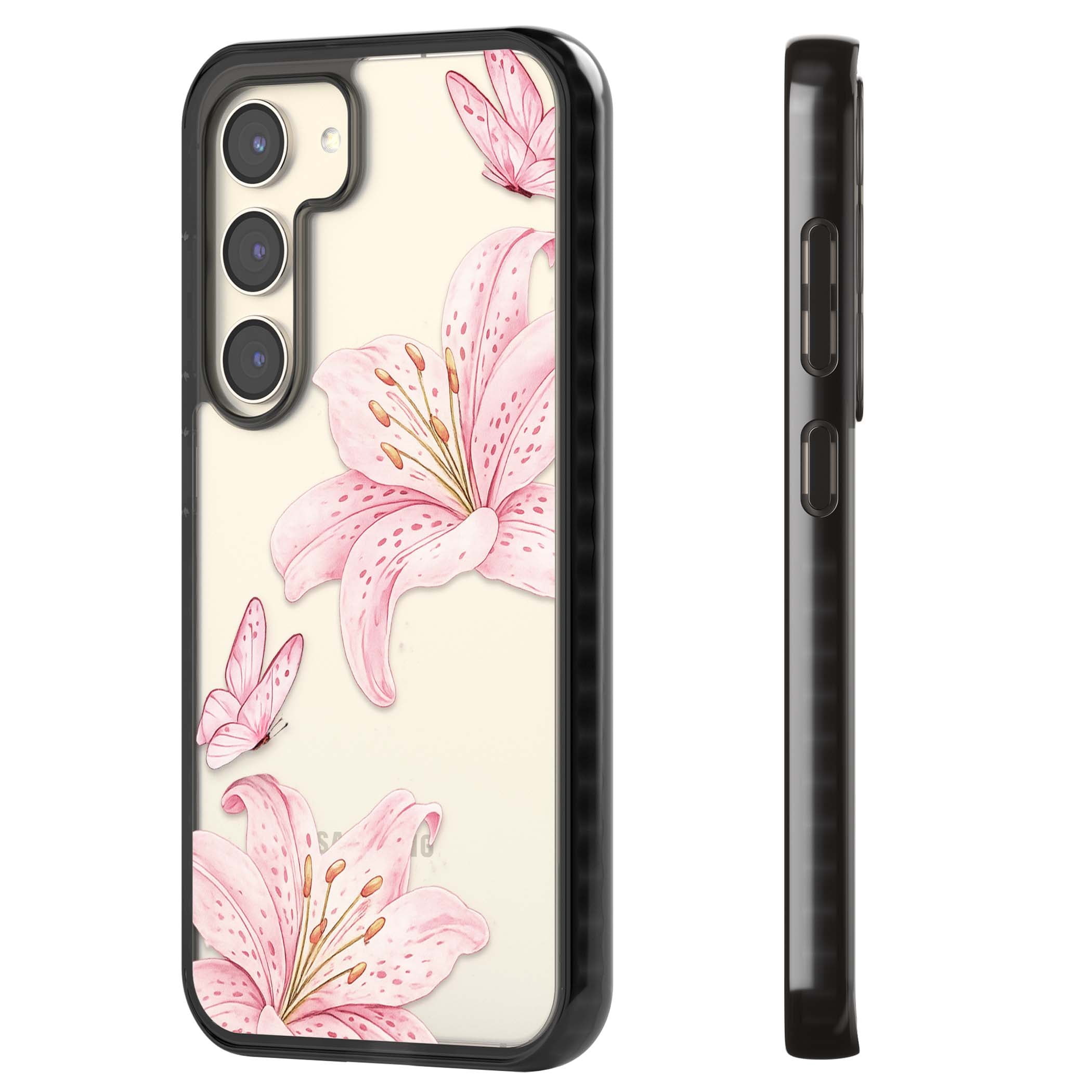Lily Whisper floral iPhone case featuring pink watercolour lilies and delicate butterflies on a clear background | Black Impact case for Samsung Galaxy S24, Samsung Galaxy S23, Samsung Galaxy S22