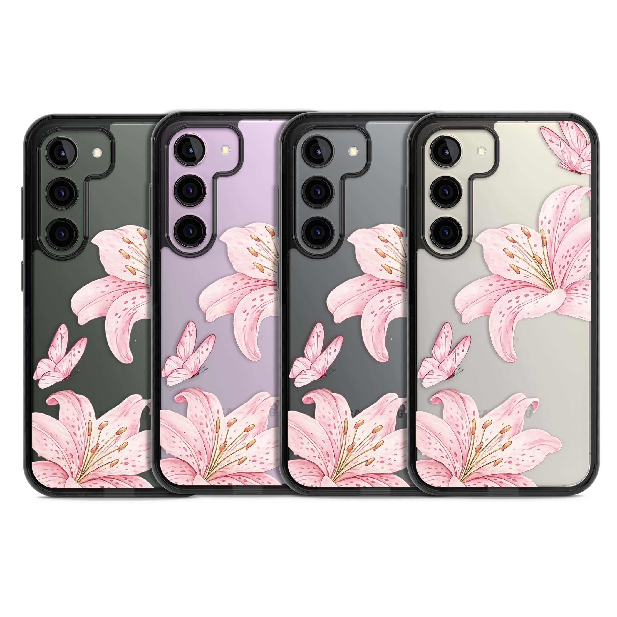 Lily Whisper floral iPhone case featuring pink watercolour lilies and delicate butterflies on a clear background | Black Impact case for Samsung Galaxy S24, Samsung Galaxy S23, Samsung Galaxy S22