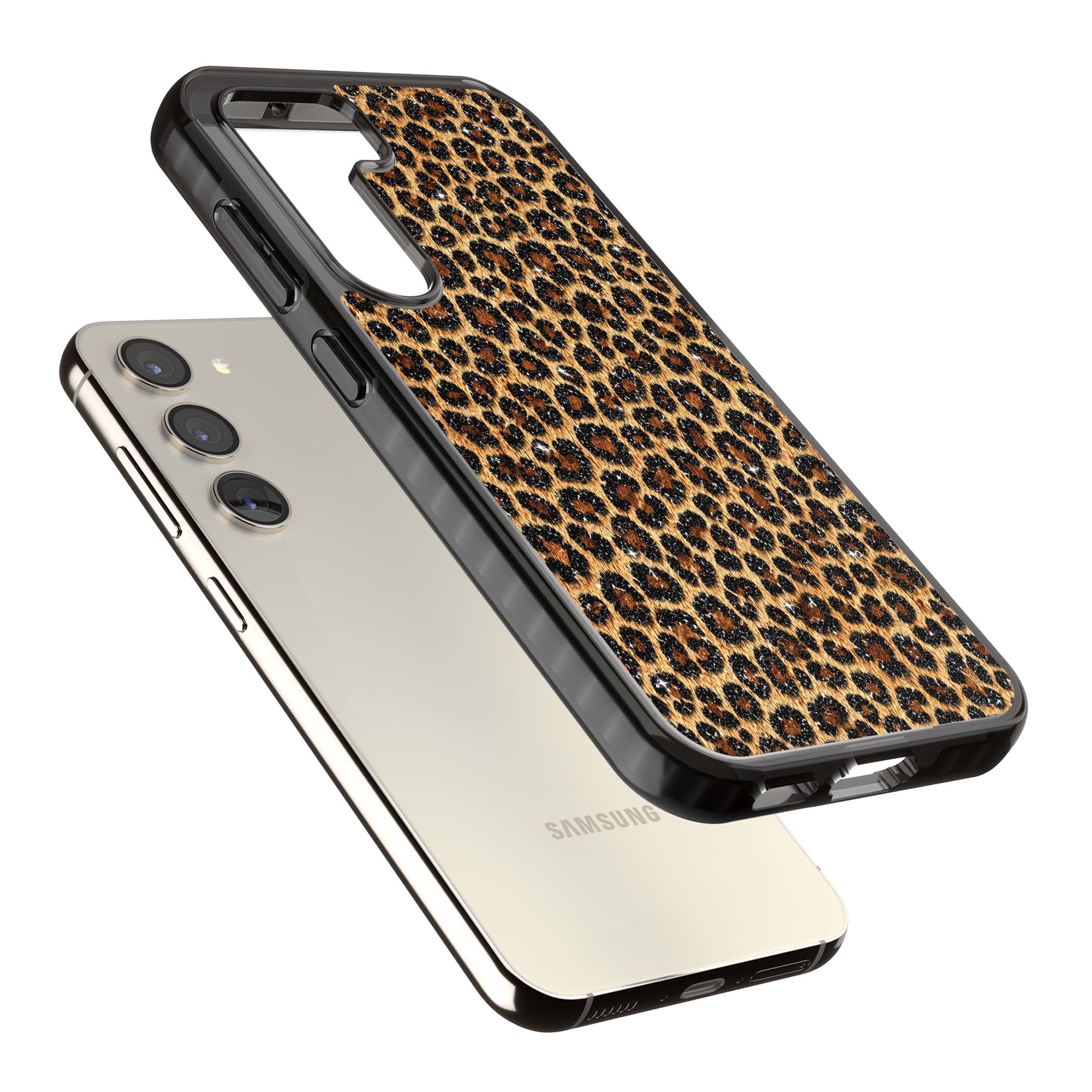 Diamond Leopard leopard print iPhone case featuring golden tan fur, black rosette spots and subtle glitter sparkle | Black Impact case for Samsung Galaxy S24, Samsung Galaxy S23, Samsung Galaxy S22