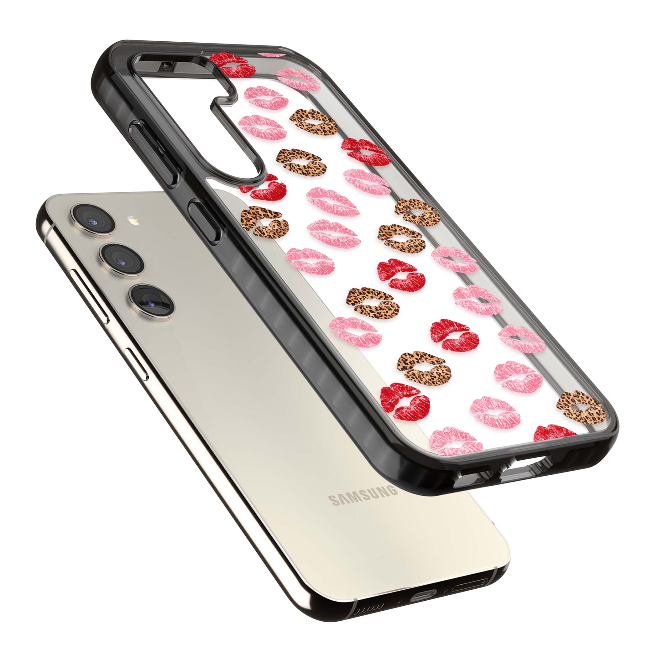 Wild Kisses coquette iPhone case featuring red, pink and leopard print lipstick kiss marks on a clear background | Black Impact case for Samsung Galaxy S24, Samsung Galaxy S23, Samsung Galaxy S22