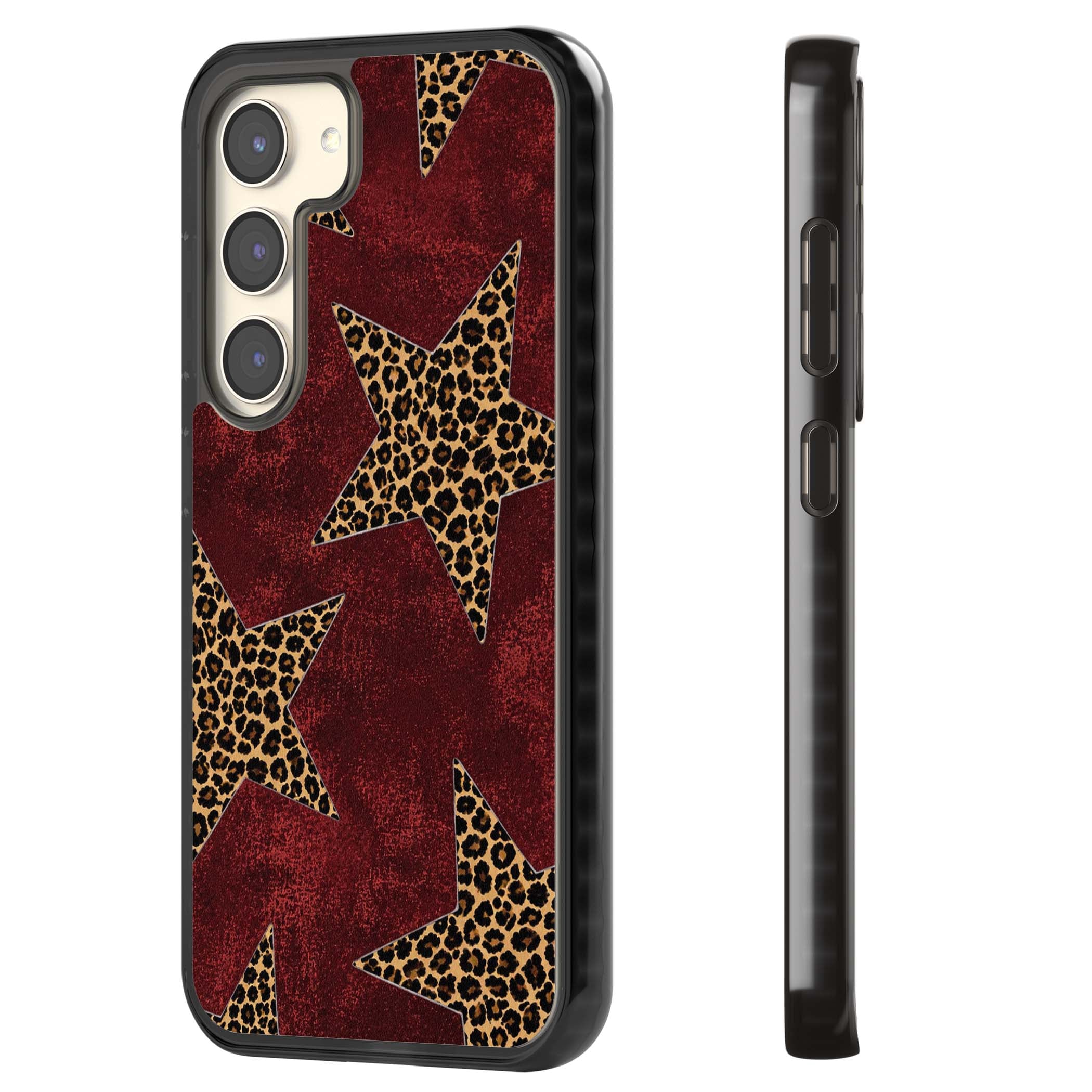 Showgirl leopard print iPhone case featuring cheetah print stars on distressed red grunge background | Black Impact case for Samsung Galaxy S24, Samsung Galaxy S23, Samsung Galaxy S22
