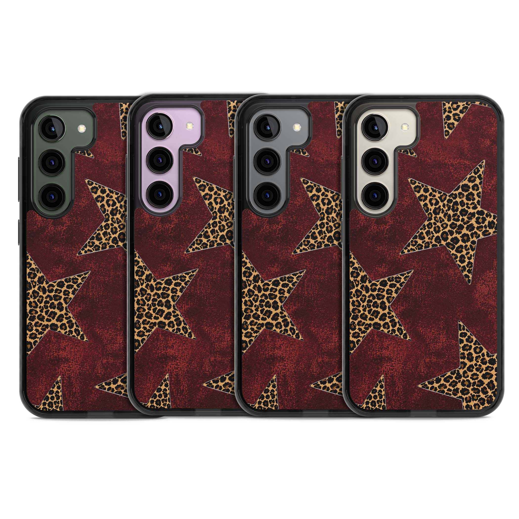 Showgirl leopard print iPhone case featuring cheetah print stars on distressed red grunge background | Black Impact case for Samsung Galaxy S24, Samsung Galaxy S23, Samsung Galaxy S22