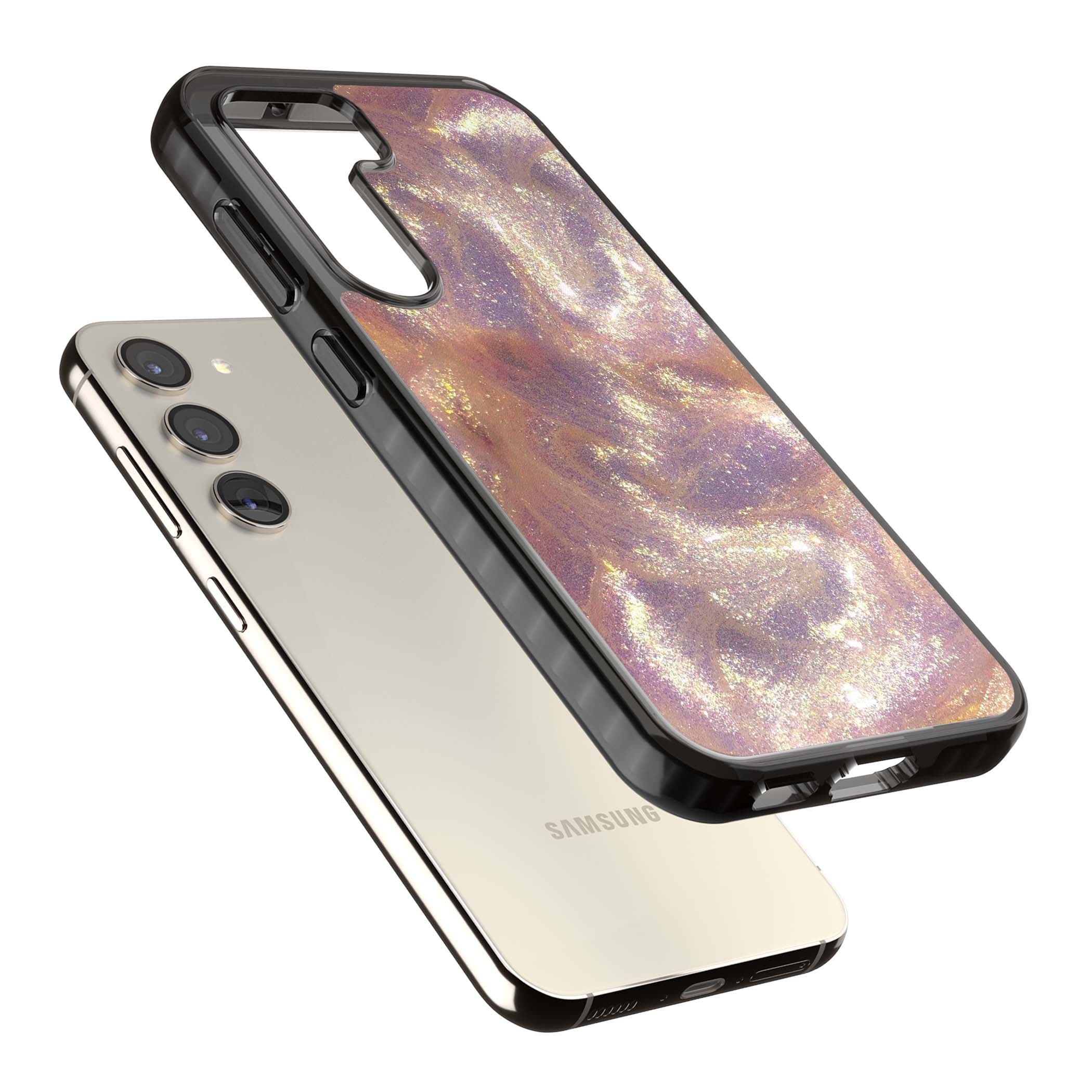 Shimmer marble iPhone case featuring rose gold glitter swirls, lilac shimmer and iridescent pearl finish | Black Impact case for Samsung Galaxy S24, Samsung Galaxy S23, Samsung Galaxy S22