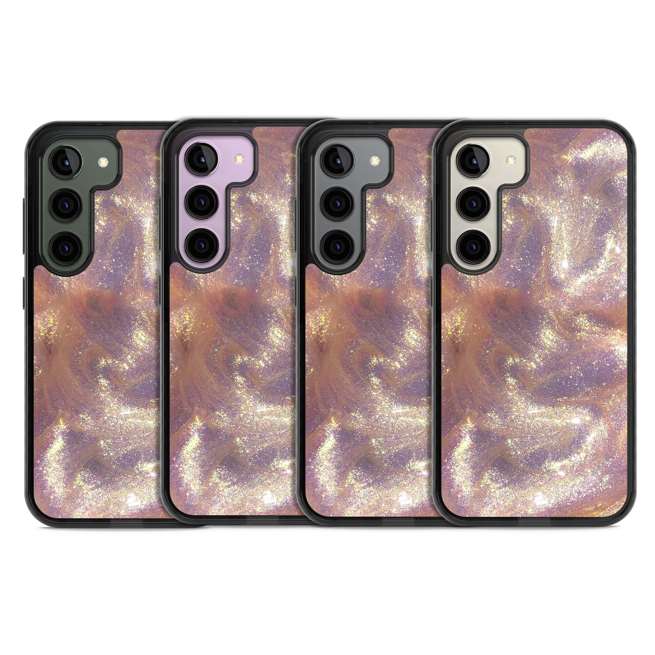 Shimmer marble iPhone case featuring rose gold glitter swirls, lilac shimmer and iridescent pearl finish | Black Impact case for Samsung Galaxy S24, Samsung Galaxy S23, Samsung Galaxy S22
