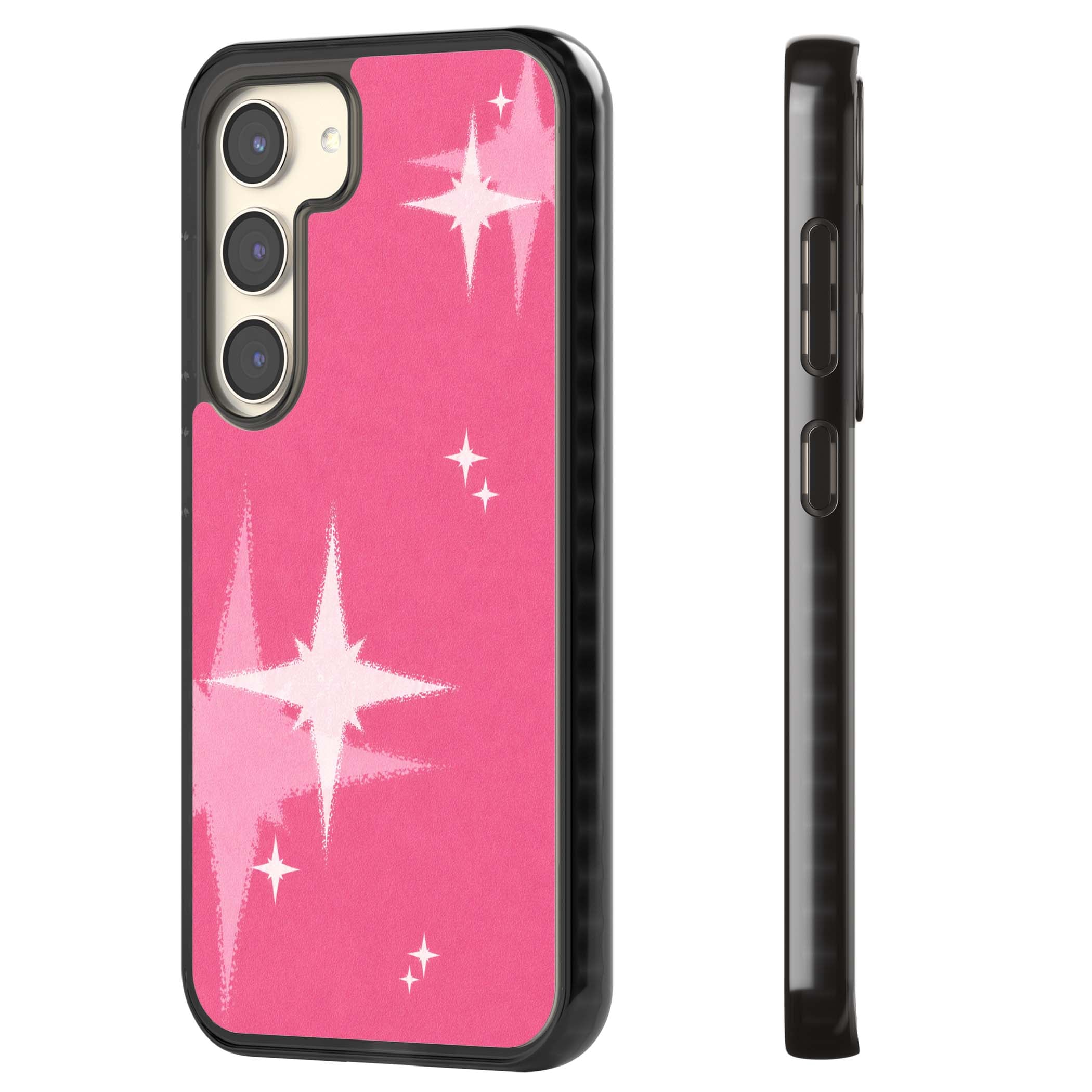 Pink Sparkle Y2K iPhone case featuring hot pink background with shimmering white starburst pattern | Black Impact case for Samsung Galaxy S24, Samsung Galaxy S23, Samsung Galaxy S22