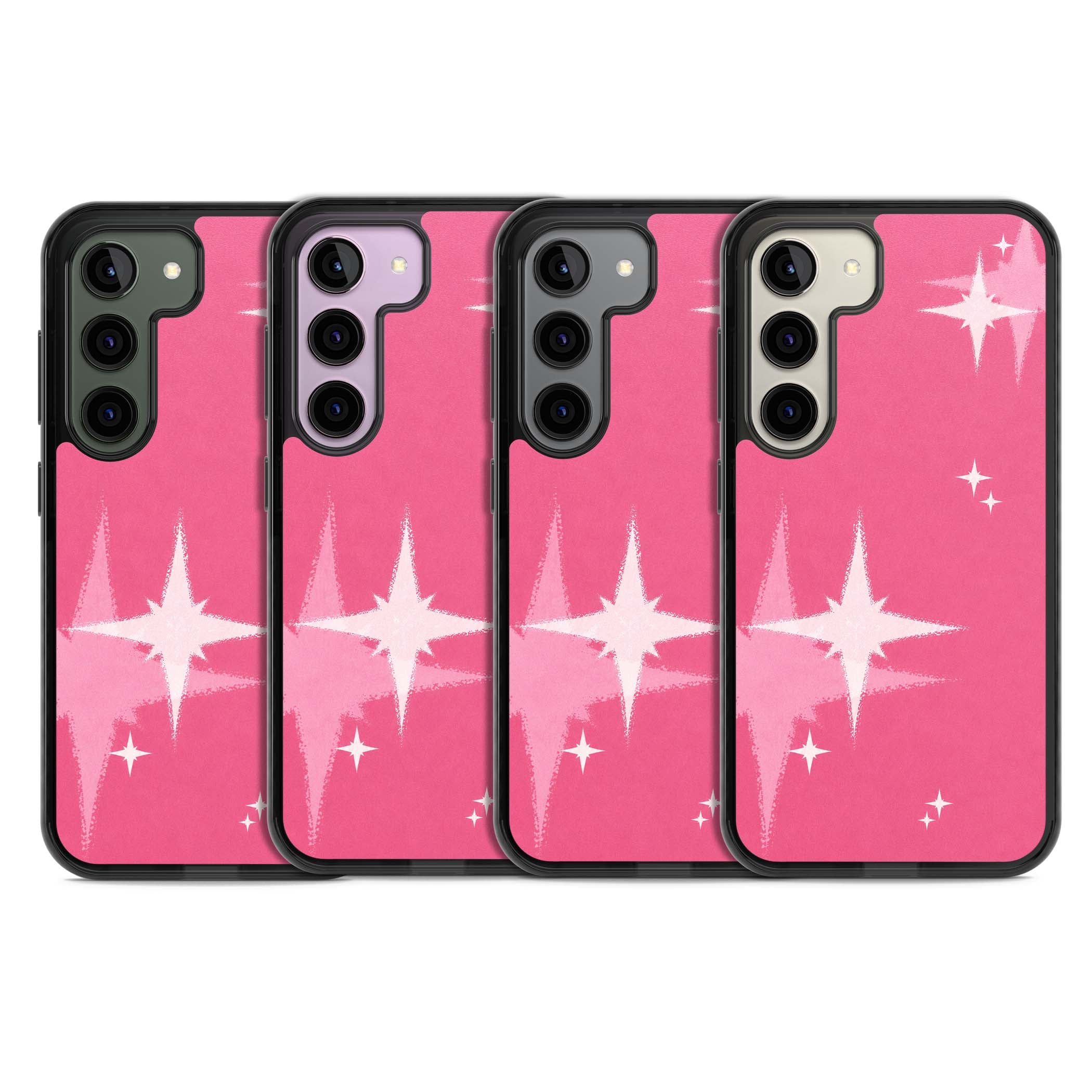 Pink Sparkle Y2K iPhone case featuring hot pink background with shimmering white starburst pattern | Black Impact case for Samsung Galaxy S24, Samsung Galaxy S23, Samsung Galaxy S22