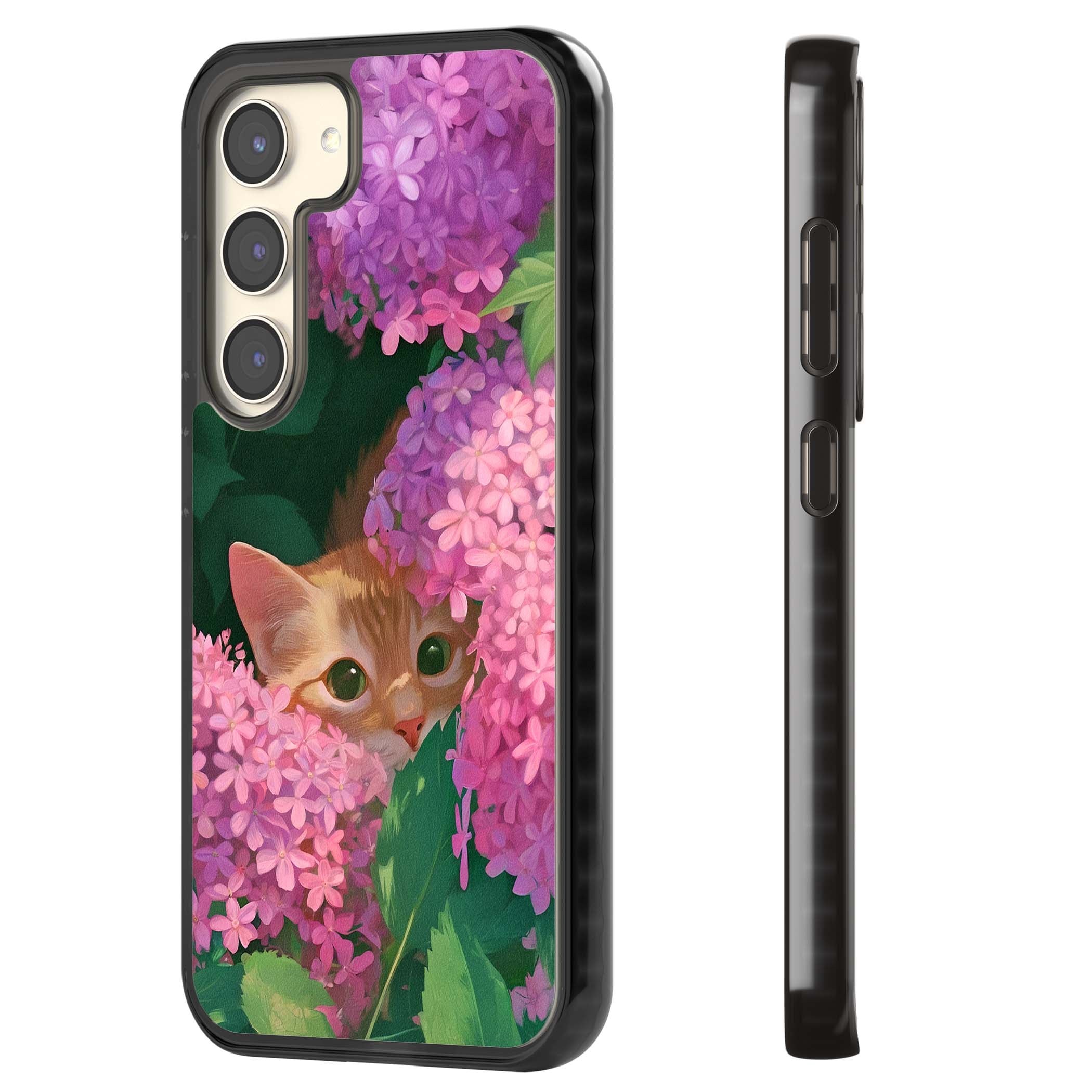 Cat In Pink Flowers cottagecore iPhone case featuring a ginger kitten peeking through lilac and pink hydrangea flo | Black Impact case for Samsung Galaxy S24, Samsung Galaxy S23, Samsung Galaxy S22