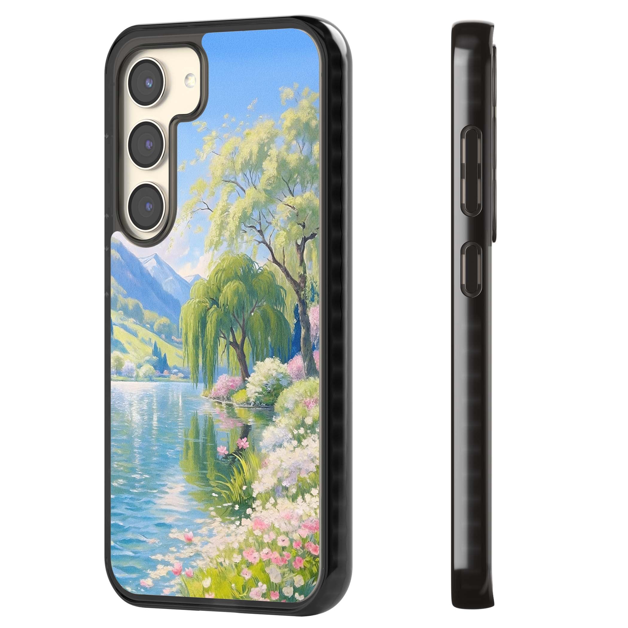 Willow Lake cottagecore iPhone case featuring a painted lakeside with weeping willow, blossoms and distant mountains | Black Impact case for Samsung Galaxy S24, Samsung Galaxy S23, Samsung Galaxy S22