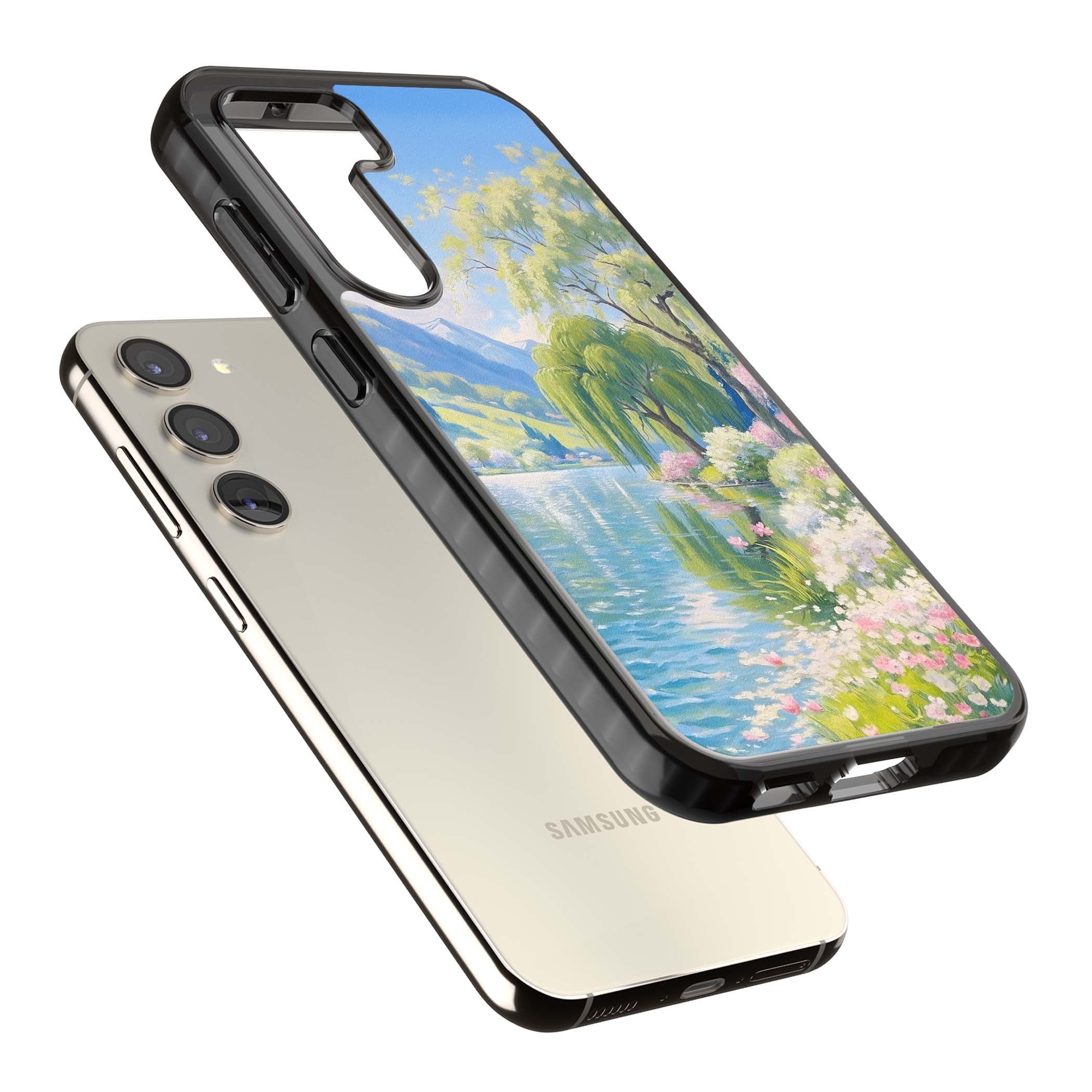 Willow Lake cottagecore iPhone case featuring a painted lakeside with weeping willow, blossoms and distant mountains | Black Impact case for Samsung Galaxy S24, Samsung Galaxy S23, Samsung Galaxy S22