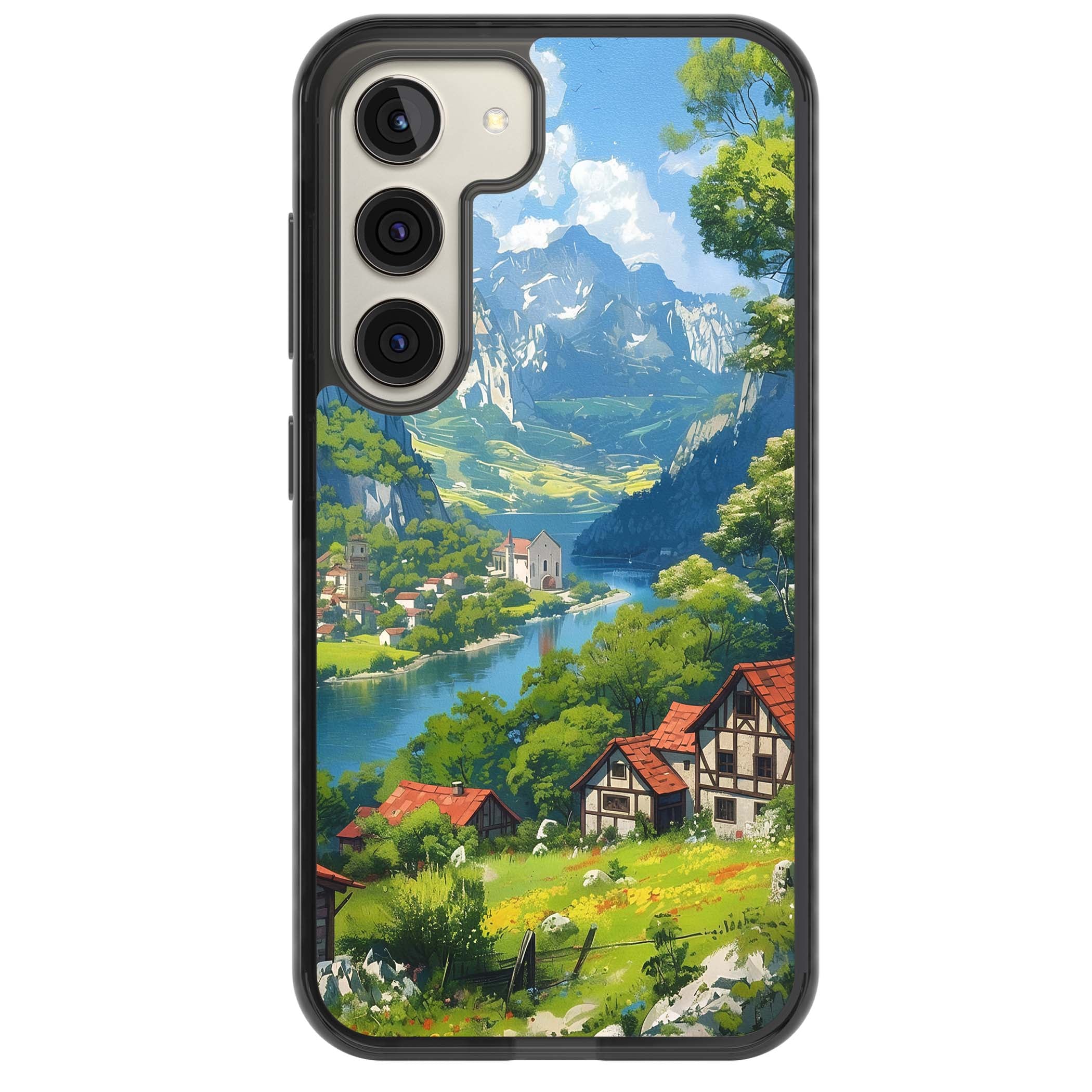 Village In The Valley anime iPhone case featuring a painted mountain village, river valley and half-timbered cottages. | Black Impact case for Samsung Galaxy S24, Samsung Galaxy S23, Samsung Galaxy S22