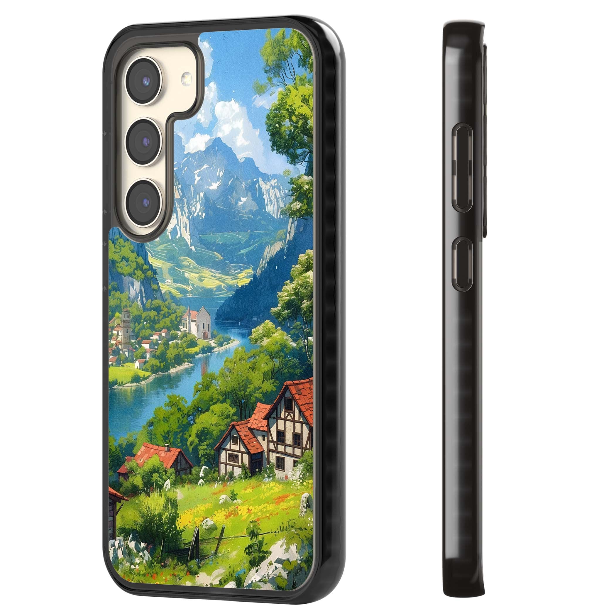 Village In The Valley anime iPhone case featuring a painted mountain village, river valley and half-timbered cottages. | Black Impact case for Samsung Galaxy S24, Samsung Galaxy S23, Samsung Galaxy S22