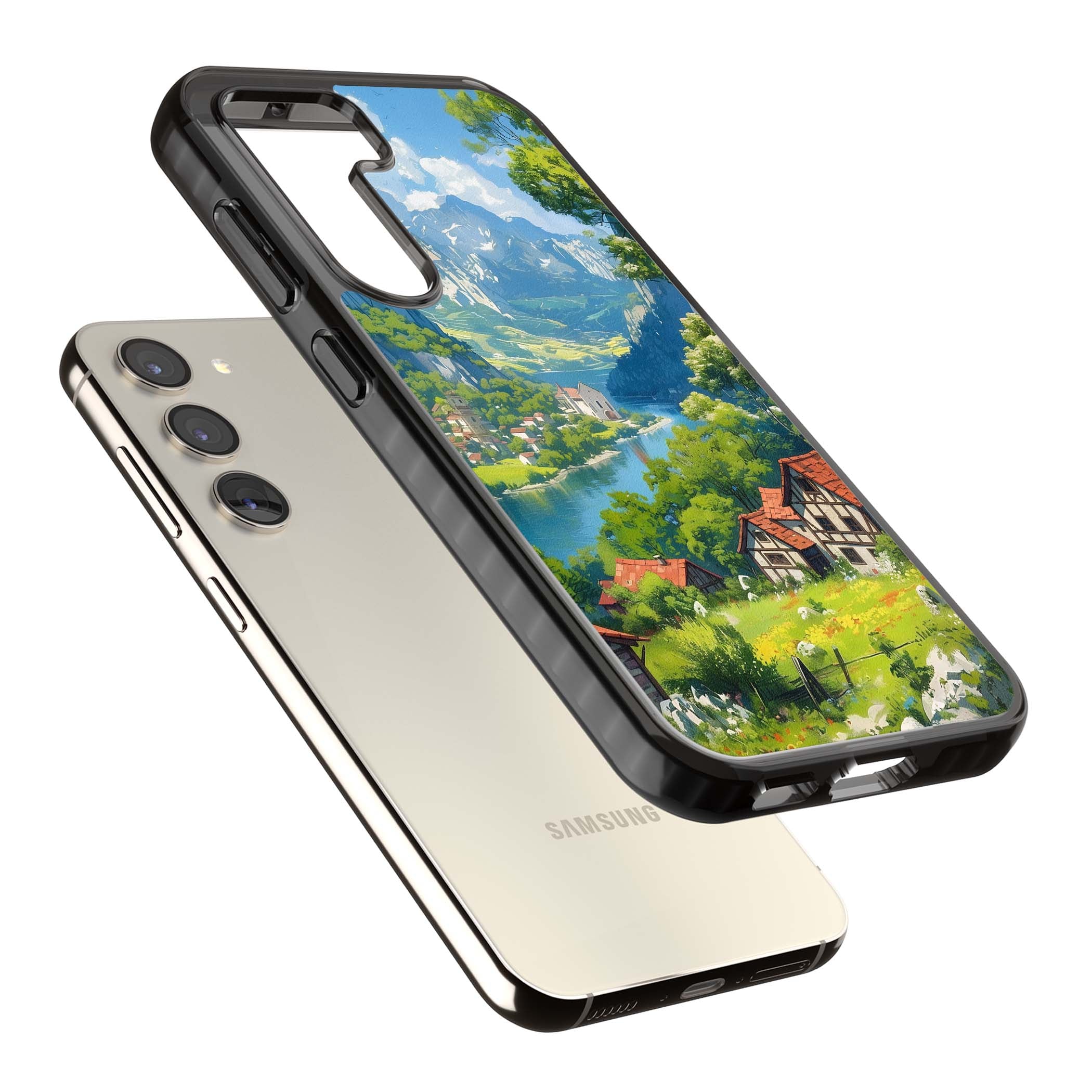 Village In The Valley anime iPhone case featuring a painted mountain village, river valley and half-timbered cottages. | Black Impact case for Samsung Galaxy S24, Samsung Galaxy S23, Samsung Galaxy S22