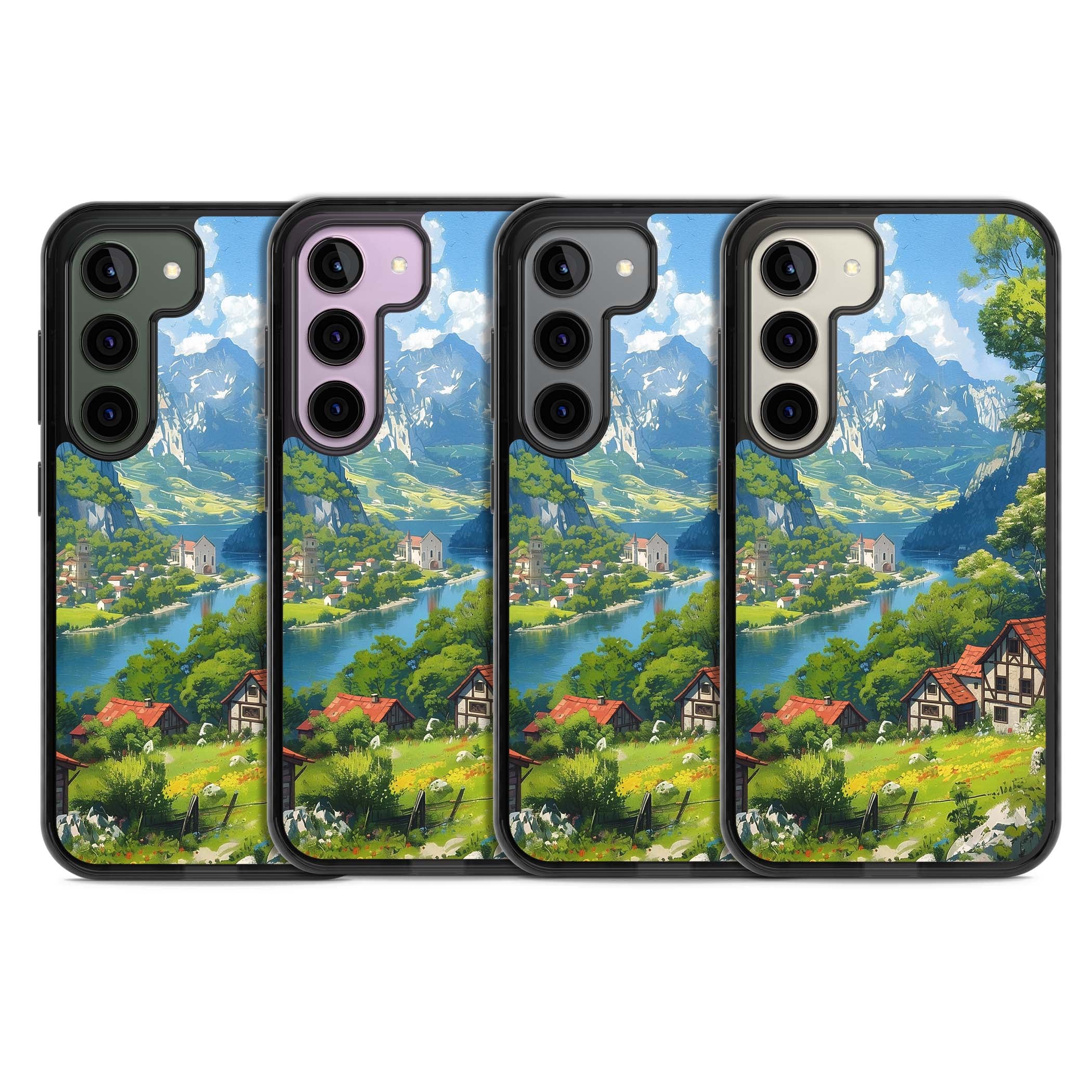 Village In The Valley anime iPhone case featuring a painted mountain village, river valley and half-timbered cottages. | Black Impact case for Samsung Galaxy S24, Samsung Galaxy S23, Samsung Galaxy S22