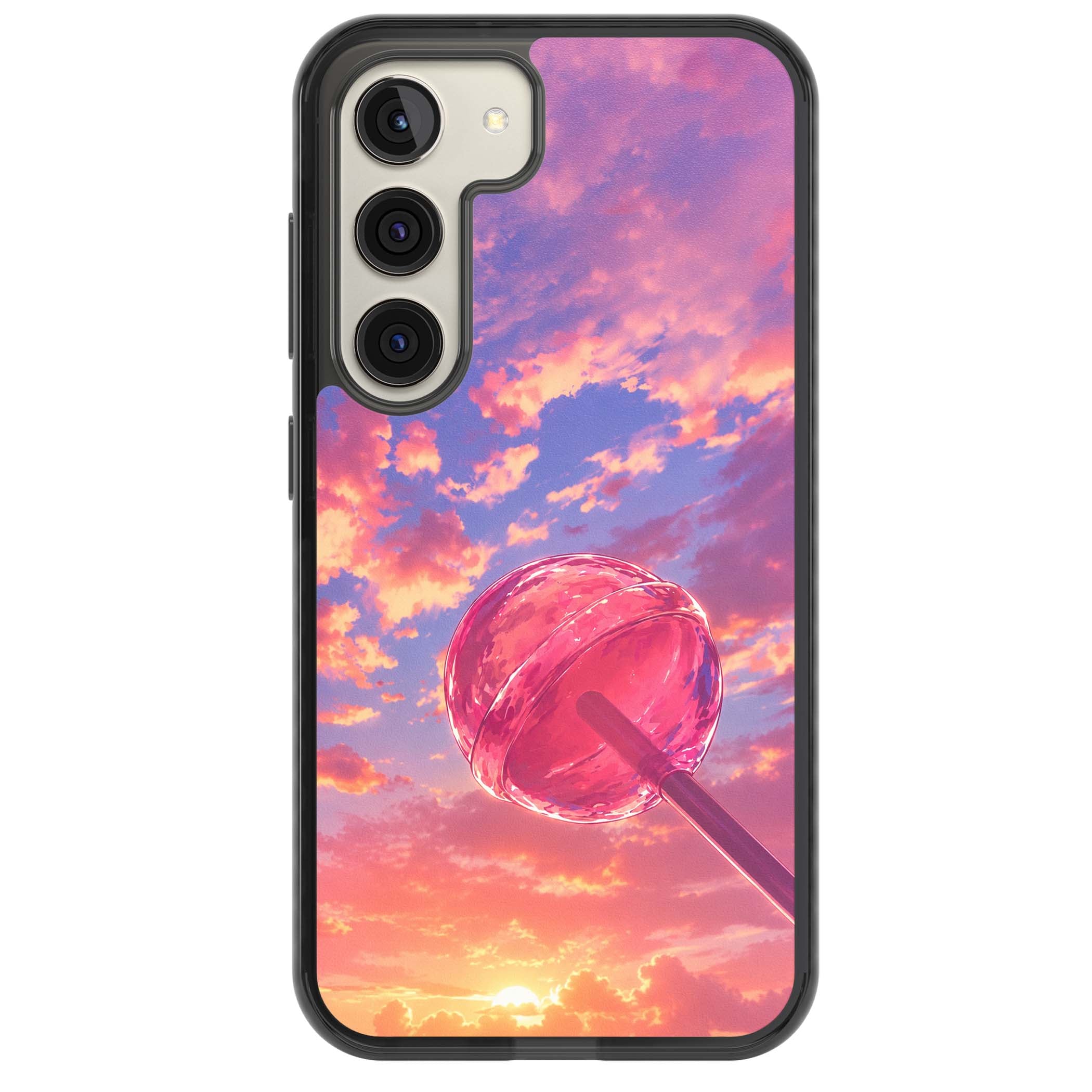 Sugar Sunset candy aesthetic iPhone case featuring a pink lollipop, pastel sunset sky and dreamy clouds | Black Impact case for Samsung Galaxy S24, Samsung Galaxy S23, Samsung Galaxy S22