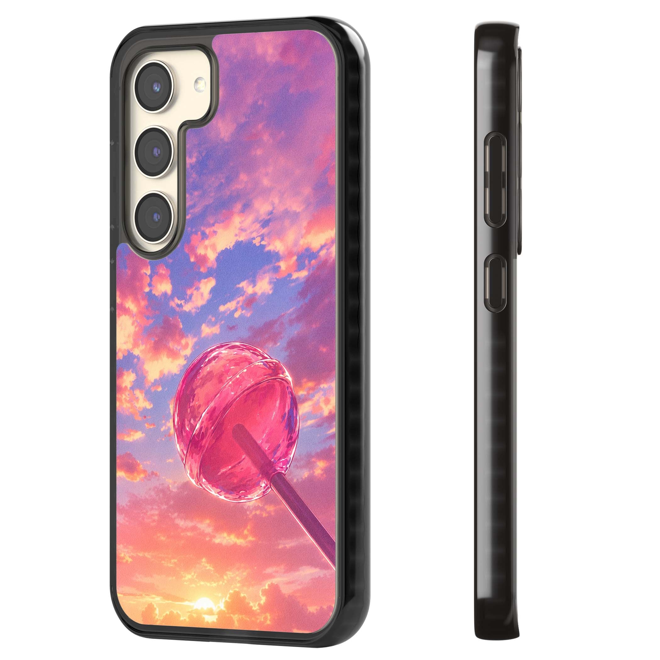 Sugar Sunset candy aesthetic iPhone case featuring a pink lollipop, pastel sunset sky and dreamy clouds | Black Impact case for Samsung Galaxy S24, Samsung Galaxy S23, Samsung Galaxy S22