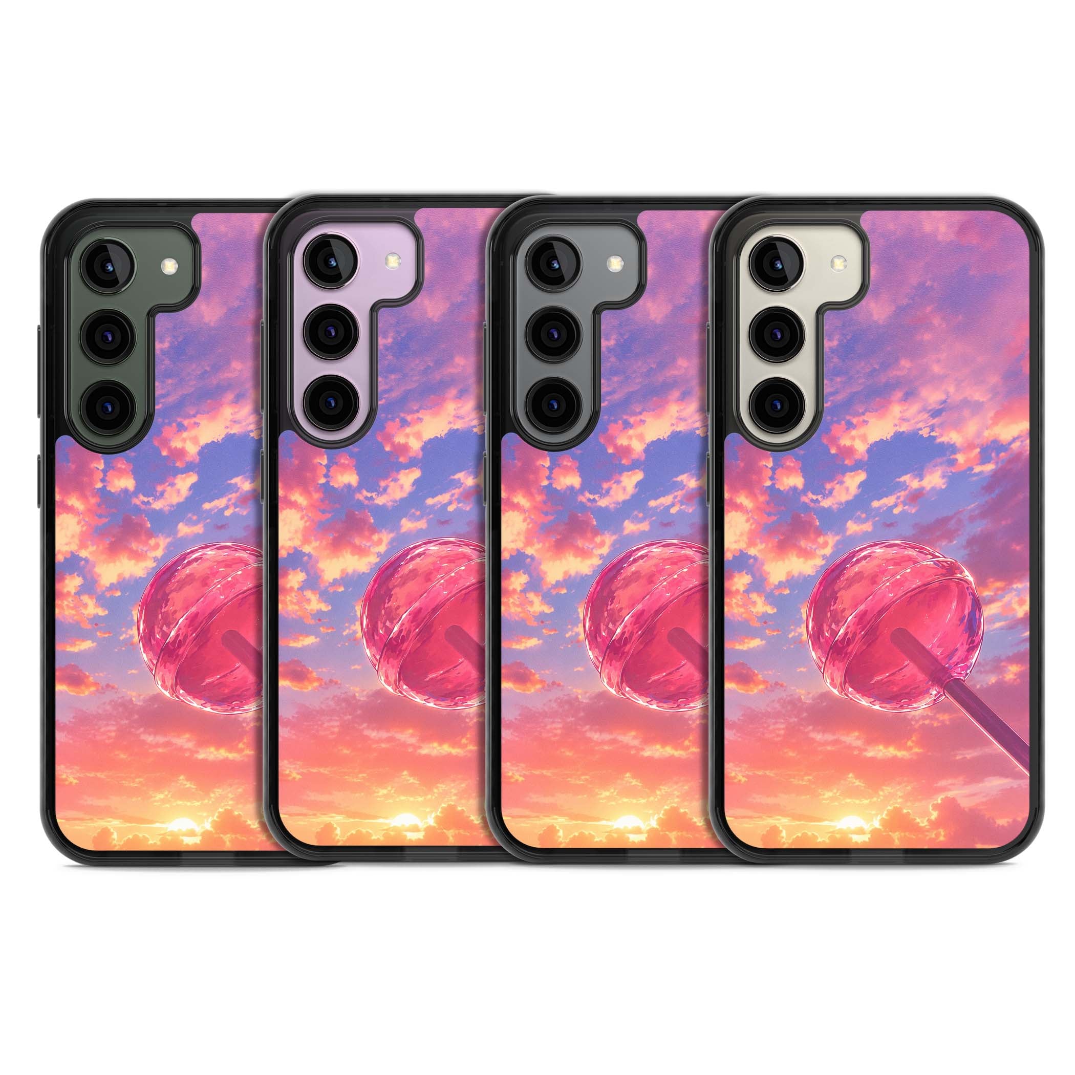 Sugar Sunset candy aesthetic iPhone case featuring a pink lollipop, pastel sunset sky and dreamy clouds | Black Impact case for Samsung Galaxy S24, Samsung Galaxy S23, Samsung Galaxy S22