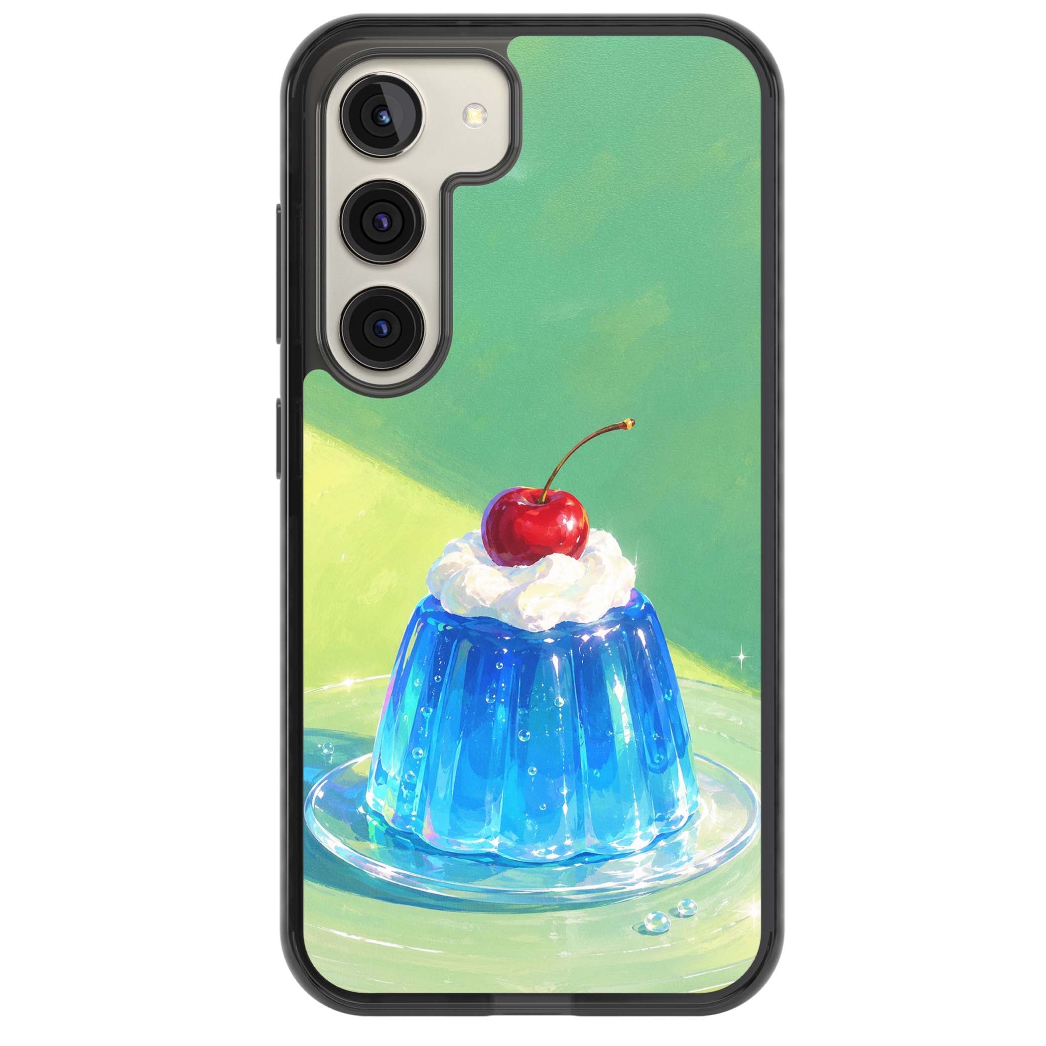 Cherry Jelly kawaii dessert iPhone case featuring blue jelly pudding, whipped cream and a red cherry | Black Impact case for Samsung Galaxy S24, Samsung Galaxy S23, Samsung Galaxy S22