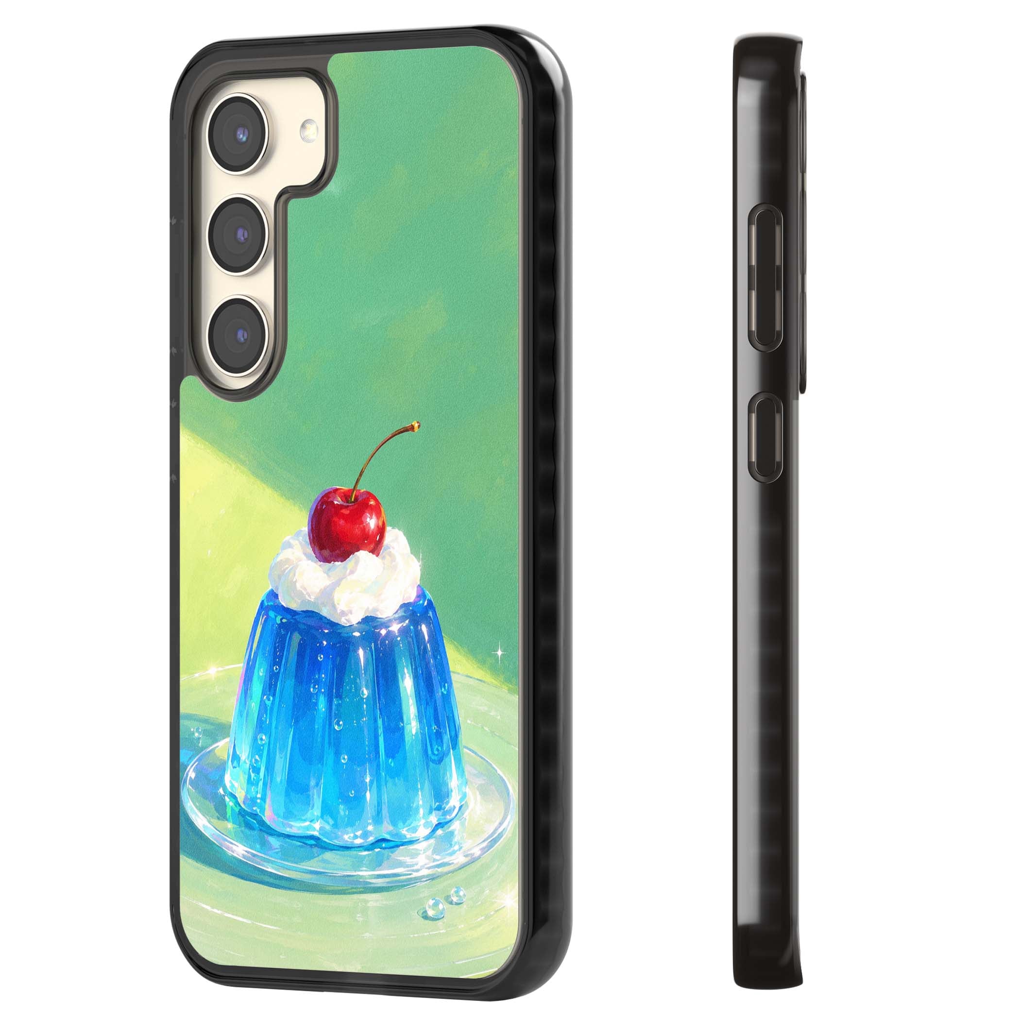 Cherry Jelly kawaii dessert iPhone case featuring blue jelly pudding, whipped cream and a red cherry | Black Impact case for Samsung Galaxy S24, Samsung Galaxy S23, Samsung Galaxy S22