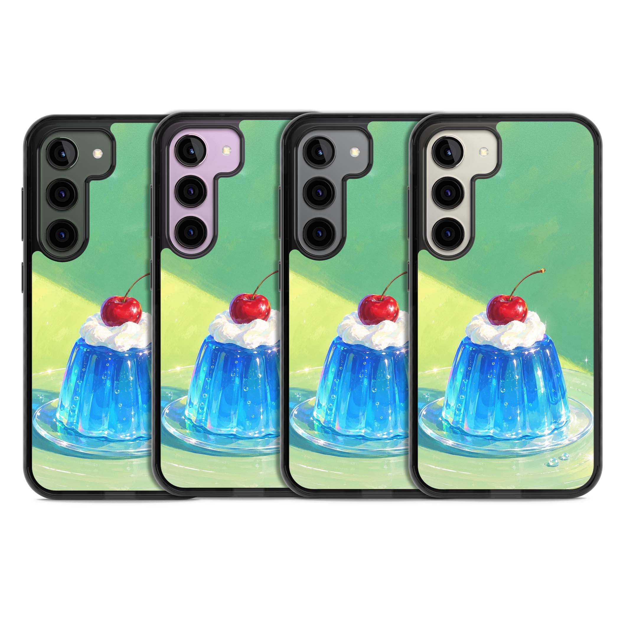 Cherry Jelly kawaii dessert iPhone case featuring blue jelly pudding, whipped cream and a red cherry | Black Impact case for Samsung Galaxy S24, Samsung Galaxy S23, Samsung Galaxy S22