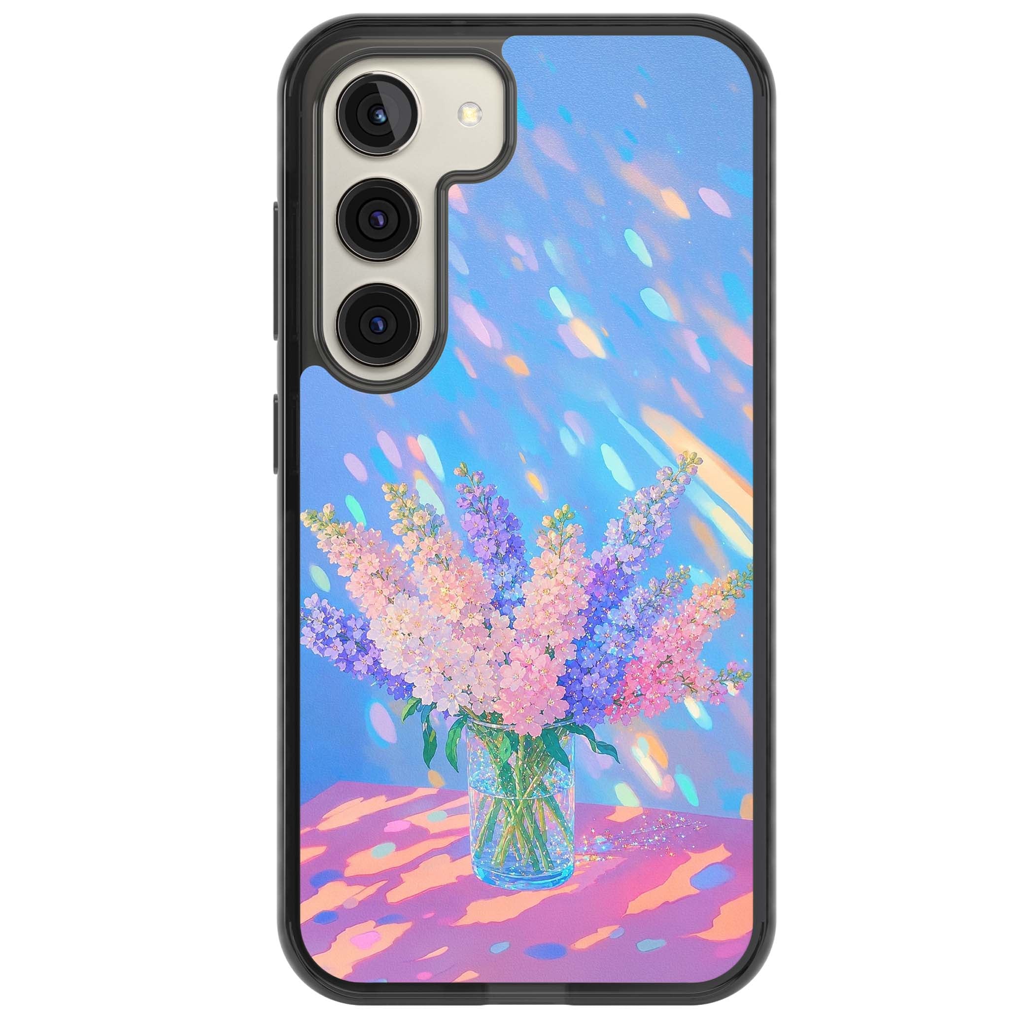 Bubblegum Flowers floral iPhone case featuring pastel lilac and pink bouquet in a glass vase with iridescent light | Black Impact case for Samsung Galaxy S24, Samsung Galaxy S23, Samsung Galaxy S22