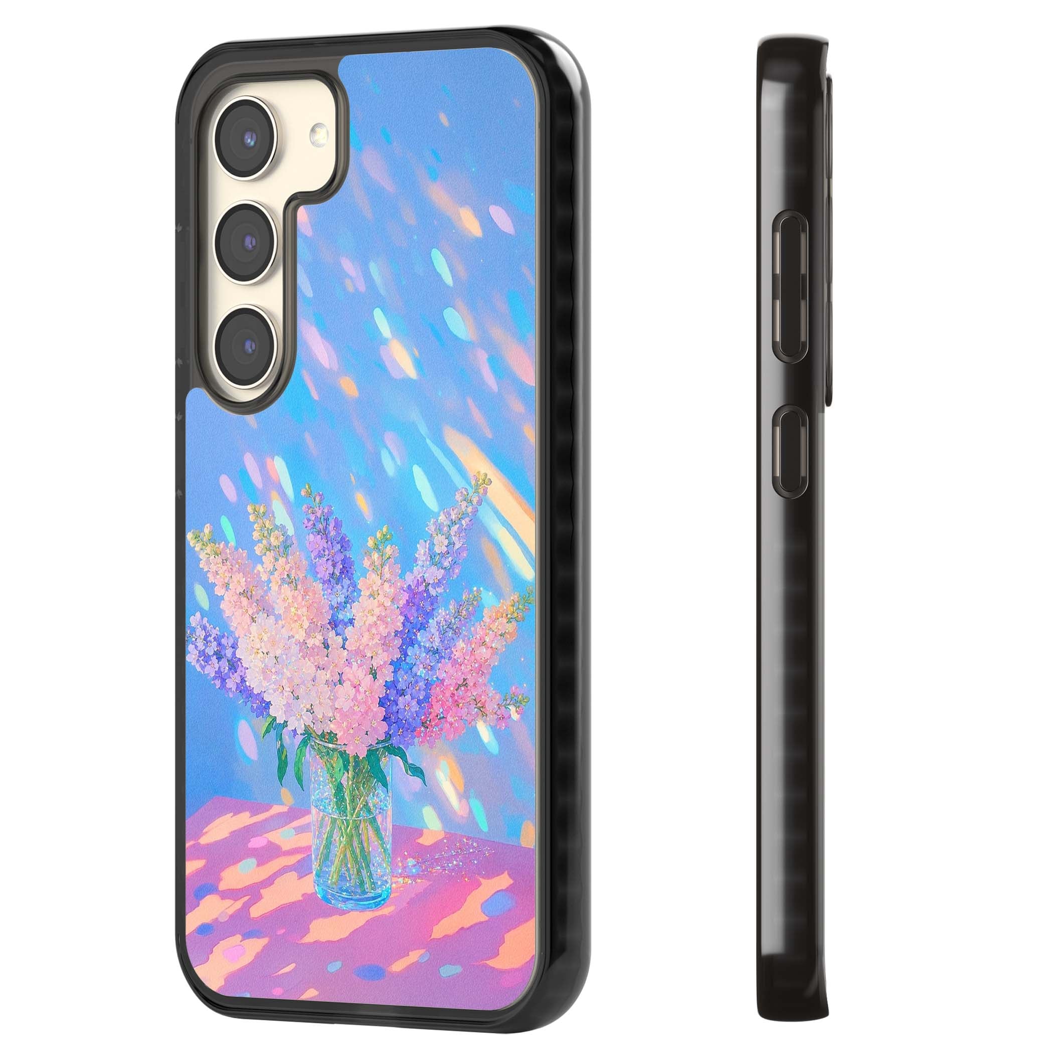 Bubblegum Flowers floral iPhone case featuring pastel lilac and pink bouquet in a glass vase with iridescent light | Black Impact case for Samsung Galaxy S24, Samsung Galaxy S23, Samsung Galaxy S22