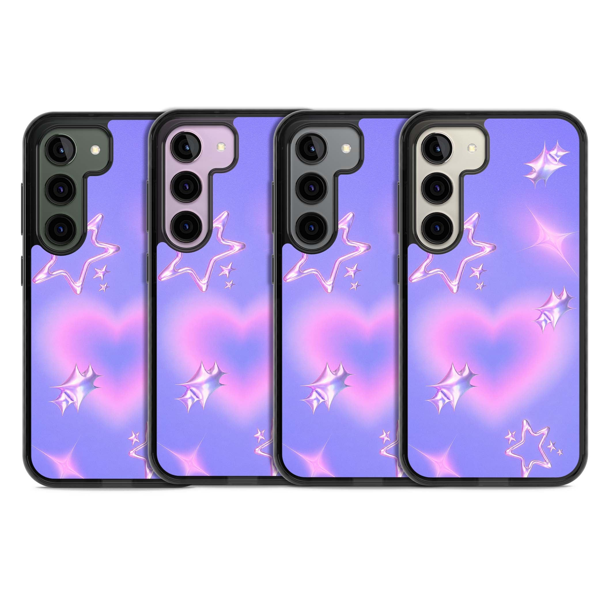 Soft Sugar Y2K iPhone case featuring iridescent chrome hearts, metallic pink stars and a lavender gradient sky | Black Impact case for Samsung Galaxy S24, Samsung Galaxy S23, Samsung Galaxy S22