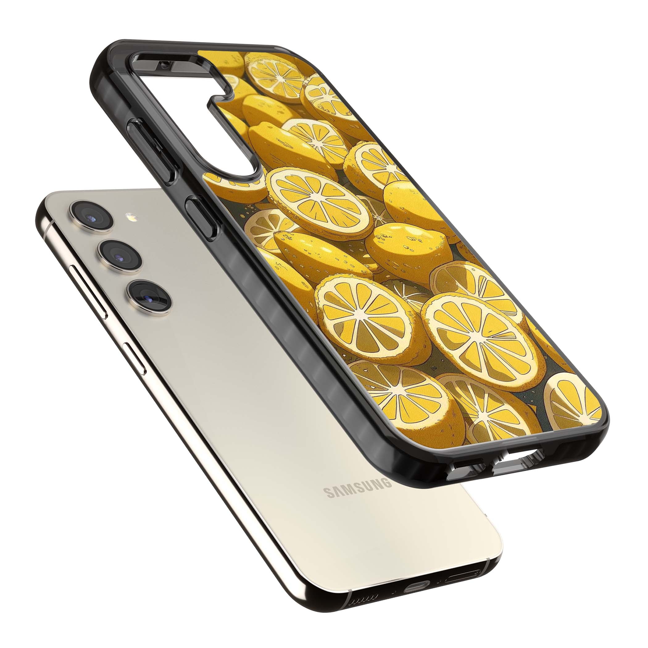 Zesty coastal iPhone case featuring illustrated Mediterranean lemons and citrus slices in golden yellow | Black Impact case for Samsung Galaxy S24, Samsung Galaxy S23, Samsung Galaxy S22