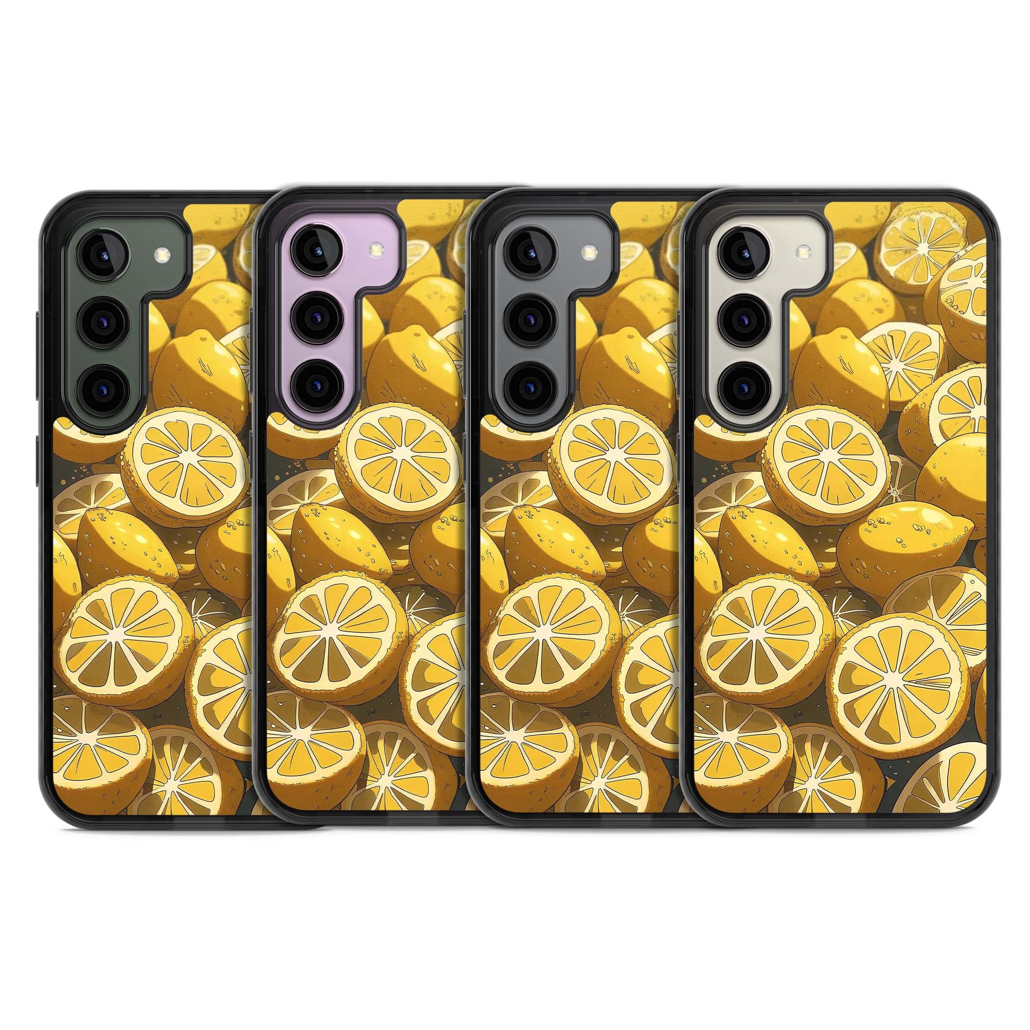 Zesty coastal iPhone case featuring illustrated Mediterranean lemons and citrus slices in golden yellow | Black Impact case for Samsung Galaxy S24, Samsung Galaxy S23, Samsung Galaxy S22