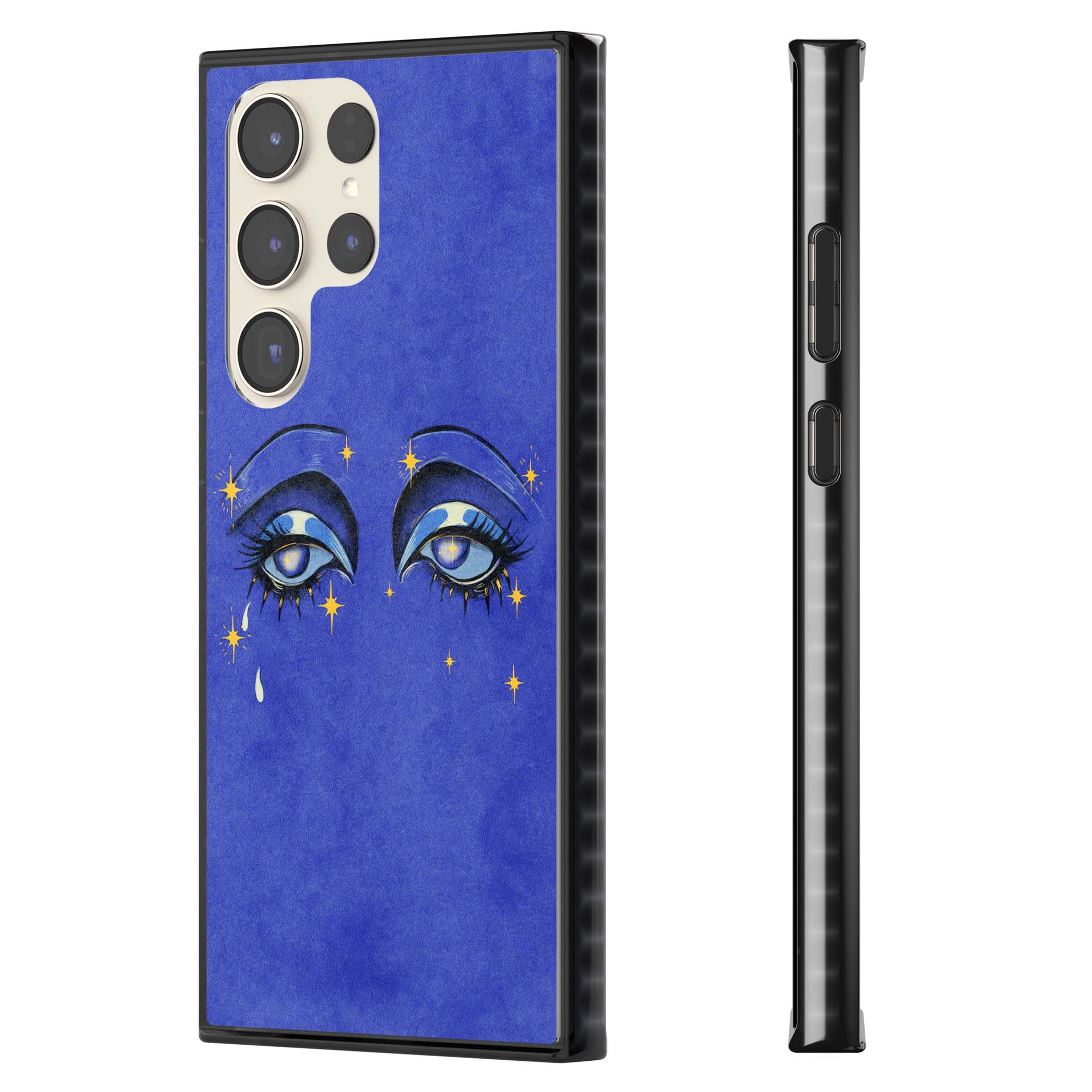 Blue Mystic Eyes celestial iPhone case featuring hand drawn blue mystical eyes, golden stars and a painted tear on indigo | Black Impact case for Samsung Galaxy S24 Ultra, Samsung Galaxy S23 Ultra, Samsung Galaxy S22 Ultra