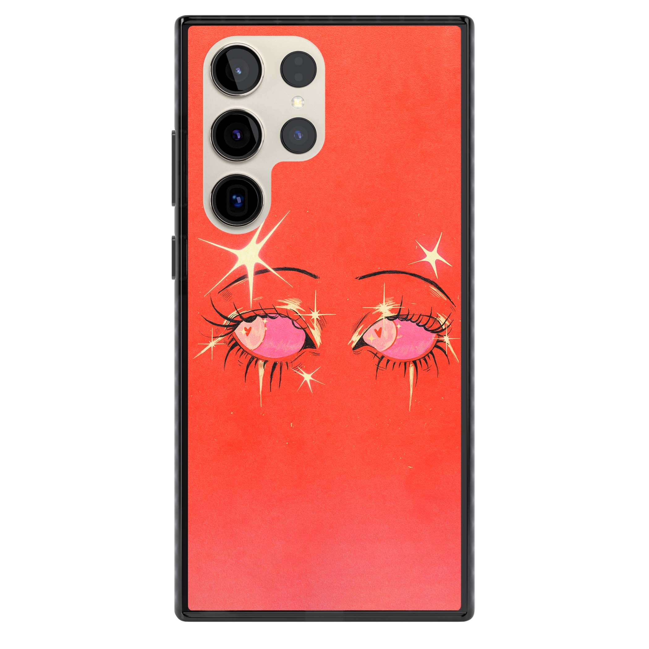 Pink Ethereal Eyes anime iPhone case featuring hand-drawn sparkly eyes with pink hearts and gold stars on red | Black Impact case for Samsung Galaxy S24 Ultra, Samsung Galaxy S23 Ultra, Samsung Galaxy S22 Ultra