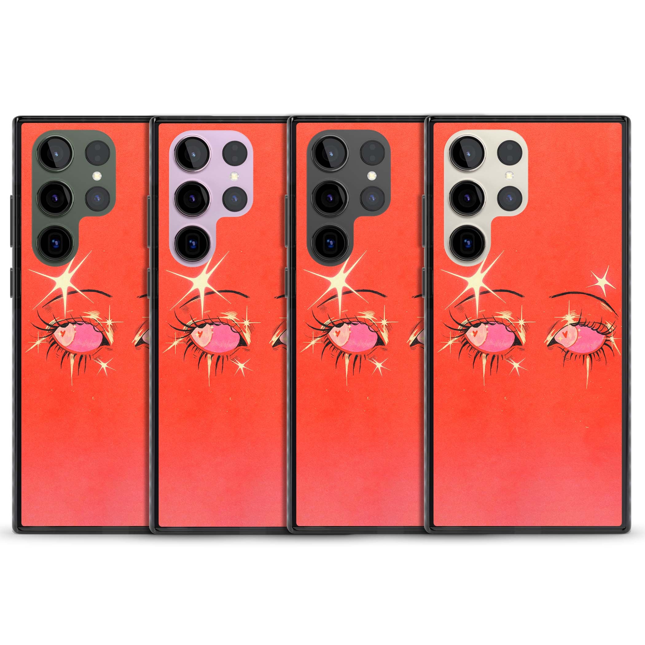 Pink Ethereal Eyes anime iPhone case featuring hand-drawn sparkly eyes with pink hearts and gold stars on red | Black Impact case for Samsung Galaxy S24 Ultra, Samsung Galaxy S23 Ultra, Samsung Galaxy S22 Ultra