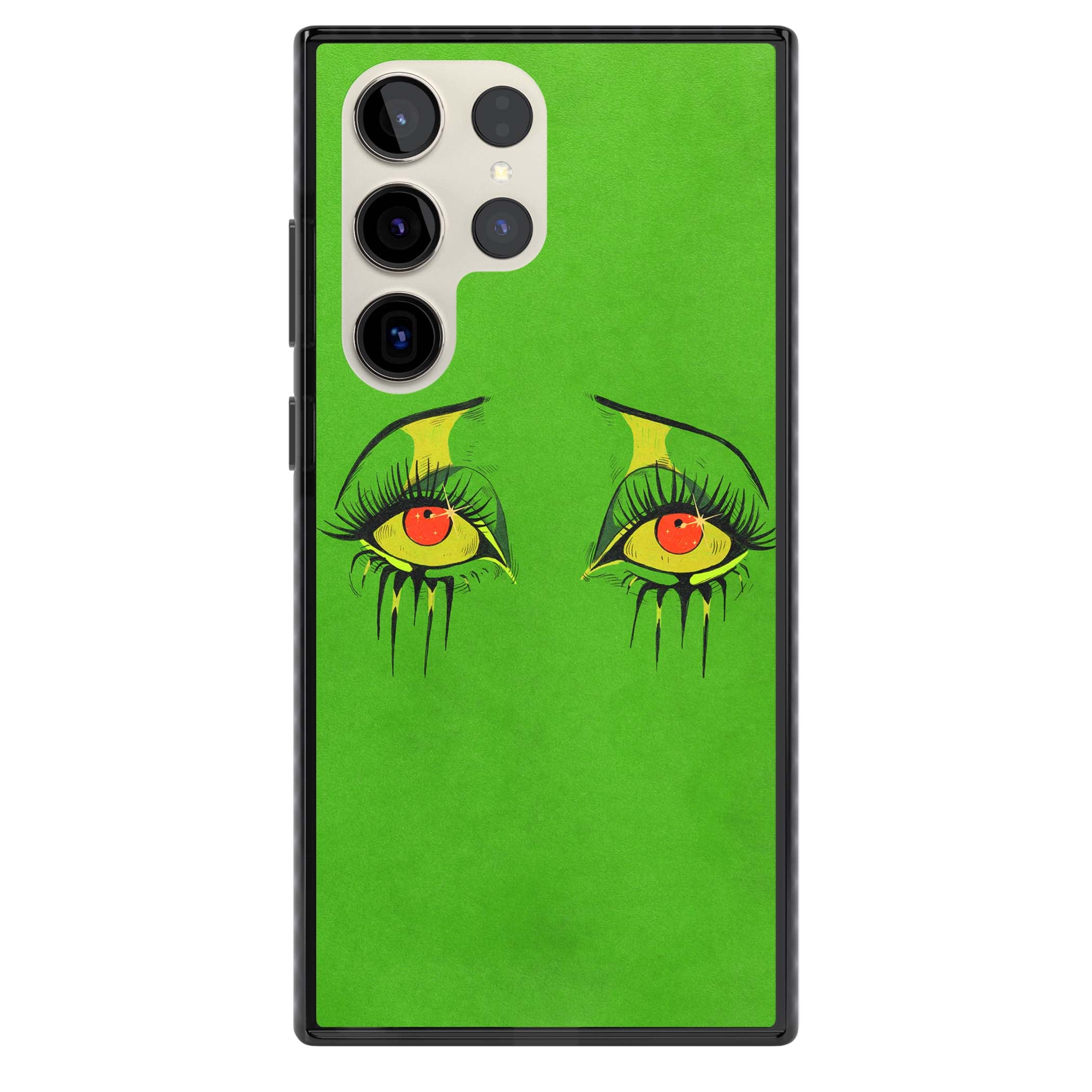 Green Enchanted Eyes psychedelic art iPhone case featuring hand-drawn dripping eyes on neon green background | Black Impact case for Samsung Galaxy S24 Ultra, Samsung Galaxy S23 Ultra, Samsung Galaxy S22 Ultra