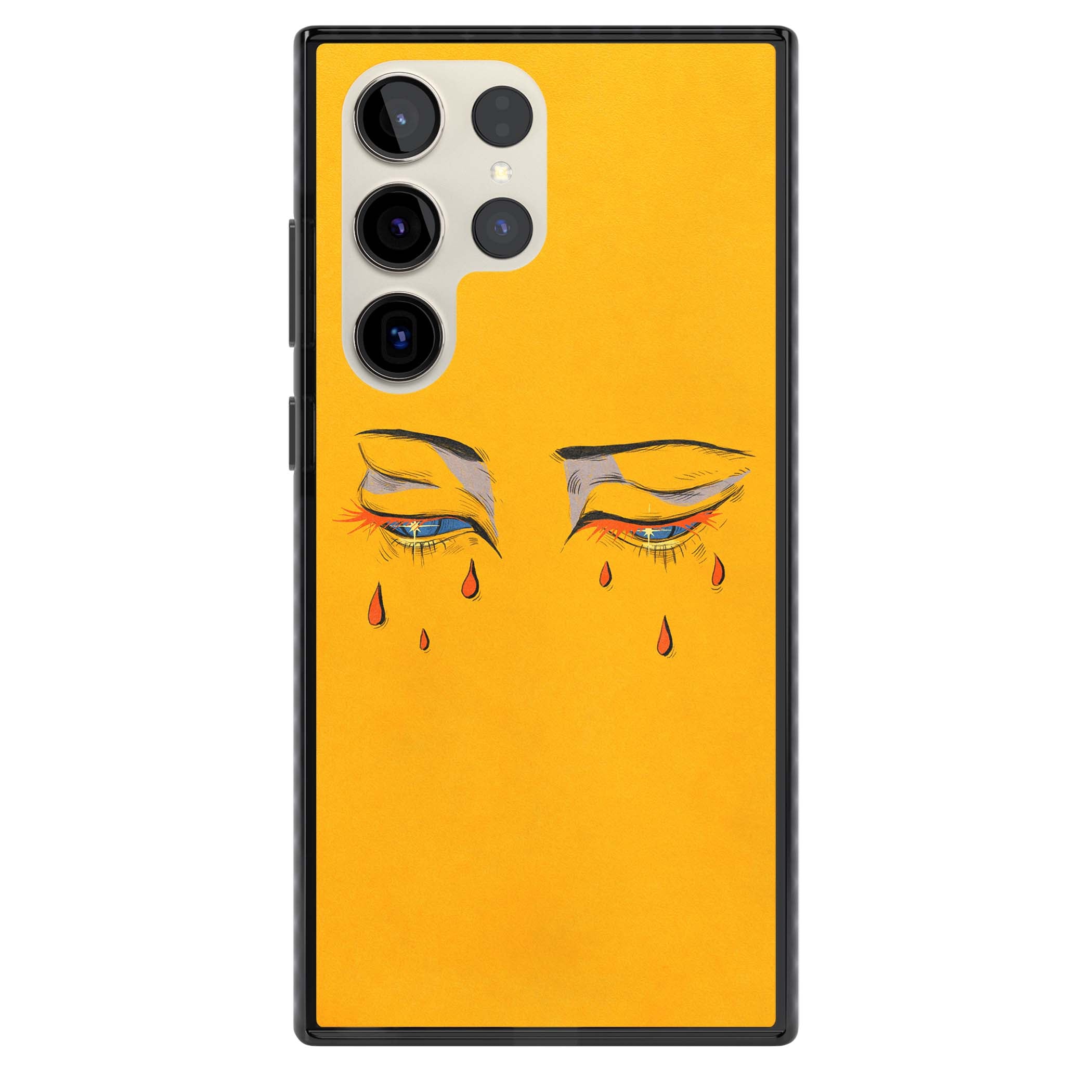 Yellow Tearful Eyes indie iPhone case featuring hand-drawn crying eyes with orange tears on a yellow background | Black Impact case for Samsung Galaxy S24 Ultra, Samsung Galaxy S23 Ultra, Samsung Galaxy S22 Ultra
