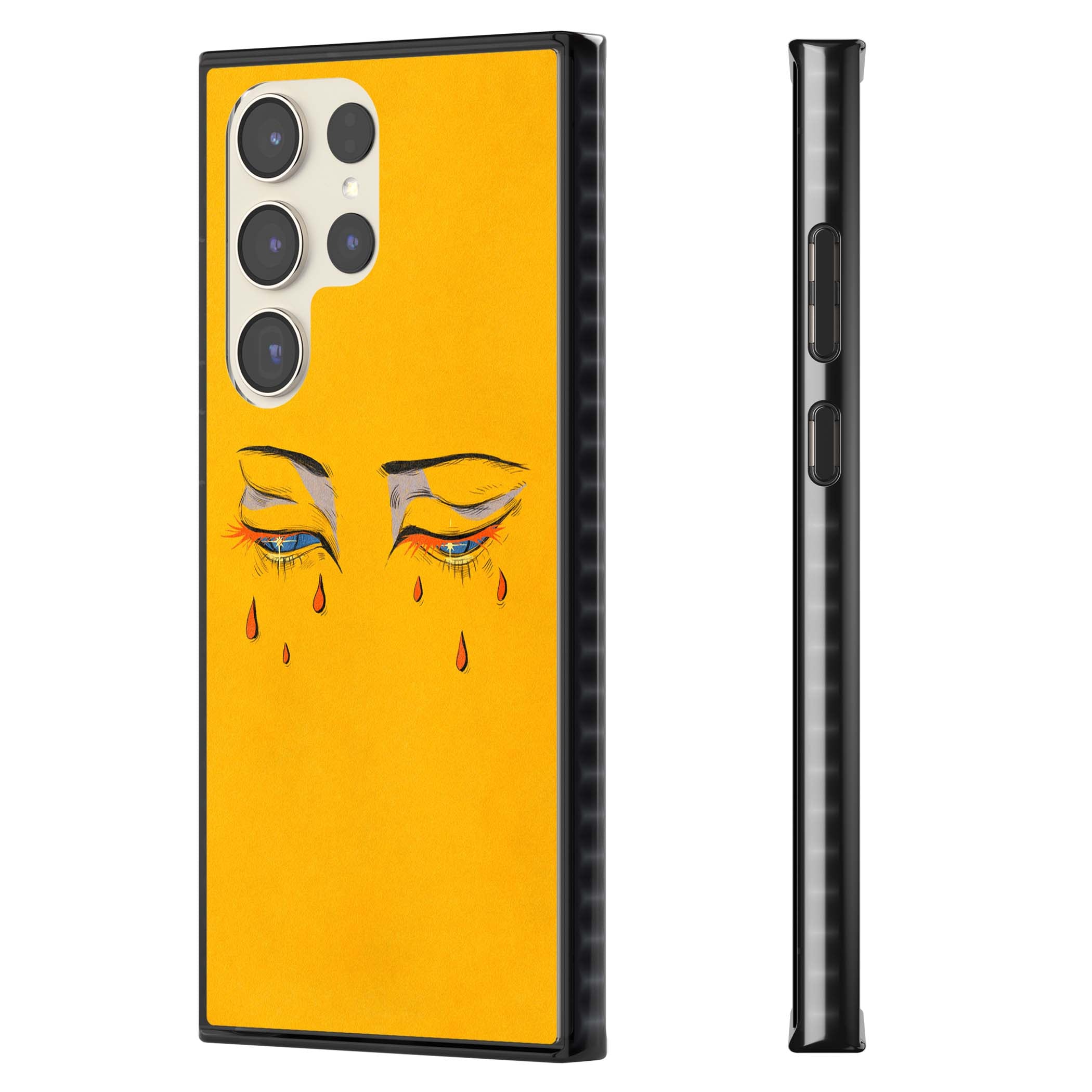 Yellow Tearful Eyes indie iPhone case featuring hand-drawn crying eyes with orange tears on a yellow background | Black Impact case for Samsung Galaxy S24 Ultra, Samsung Galaxy S23 Ultra, Samsung Galaxy S22 Ultra