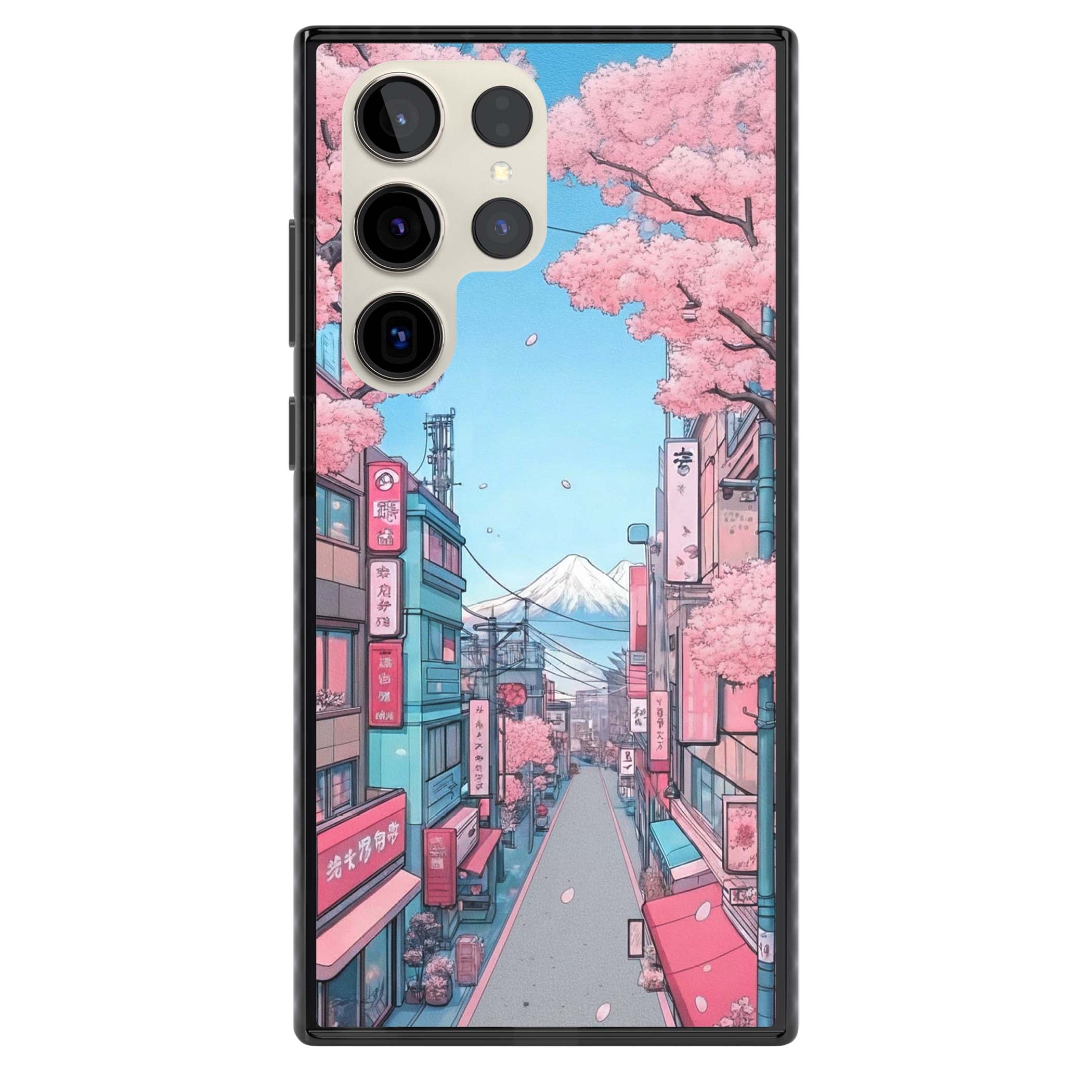 Sakura Lane anime iPhone case featuring Tokyo street scene with cherry blossoms and Mount Fuji | Black Impact case for Samsung Galaxy S24 Ultra, Samsung Galaxy S23 Ultra, Samsung Galaxy S22 Ultra
