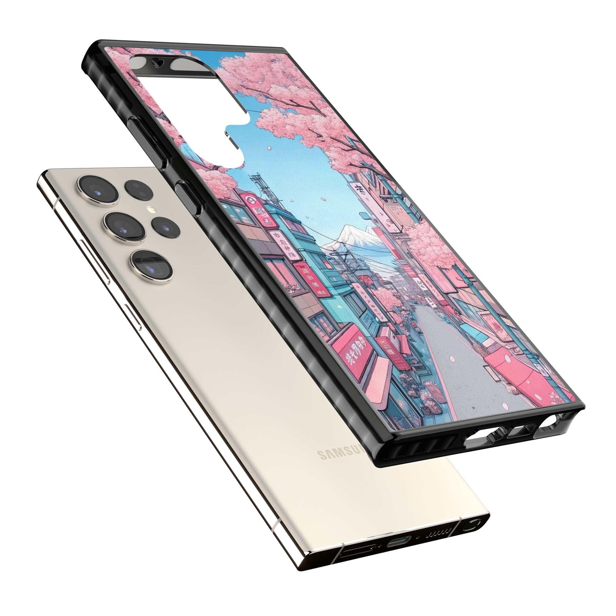 Sakura Lane anime iPhone case featuring Tokyo street scene with cherry blossoms and Mount Fuji | Black Impact case for Samsung Galaxy S24 Ultra, Samsung Galaxy S23 Ultra, Samsung Galaxy S22 Ultra