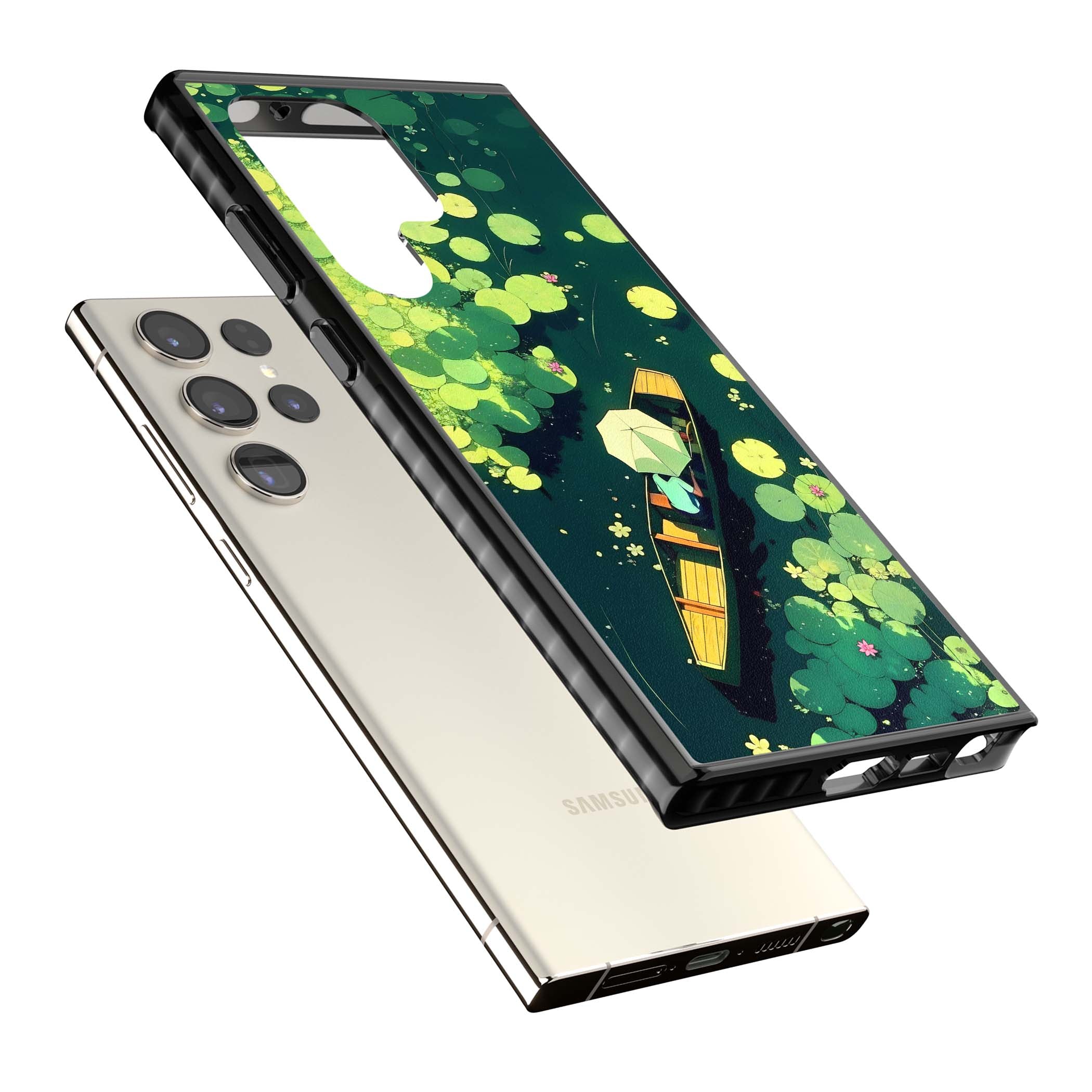 Jade Waters cottagecore iPhone case featuring a painted lily pond, wooden boat with parasol and floating water lilies | Black Impact case for Samsung Galaxy S24 Ultra, Samsung Galaxy S23 Ultra, Samsung Galaxy S22 Ultra