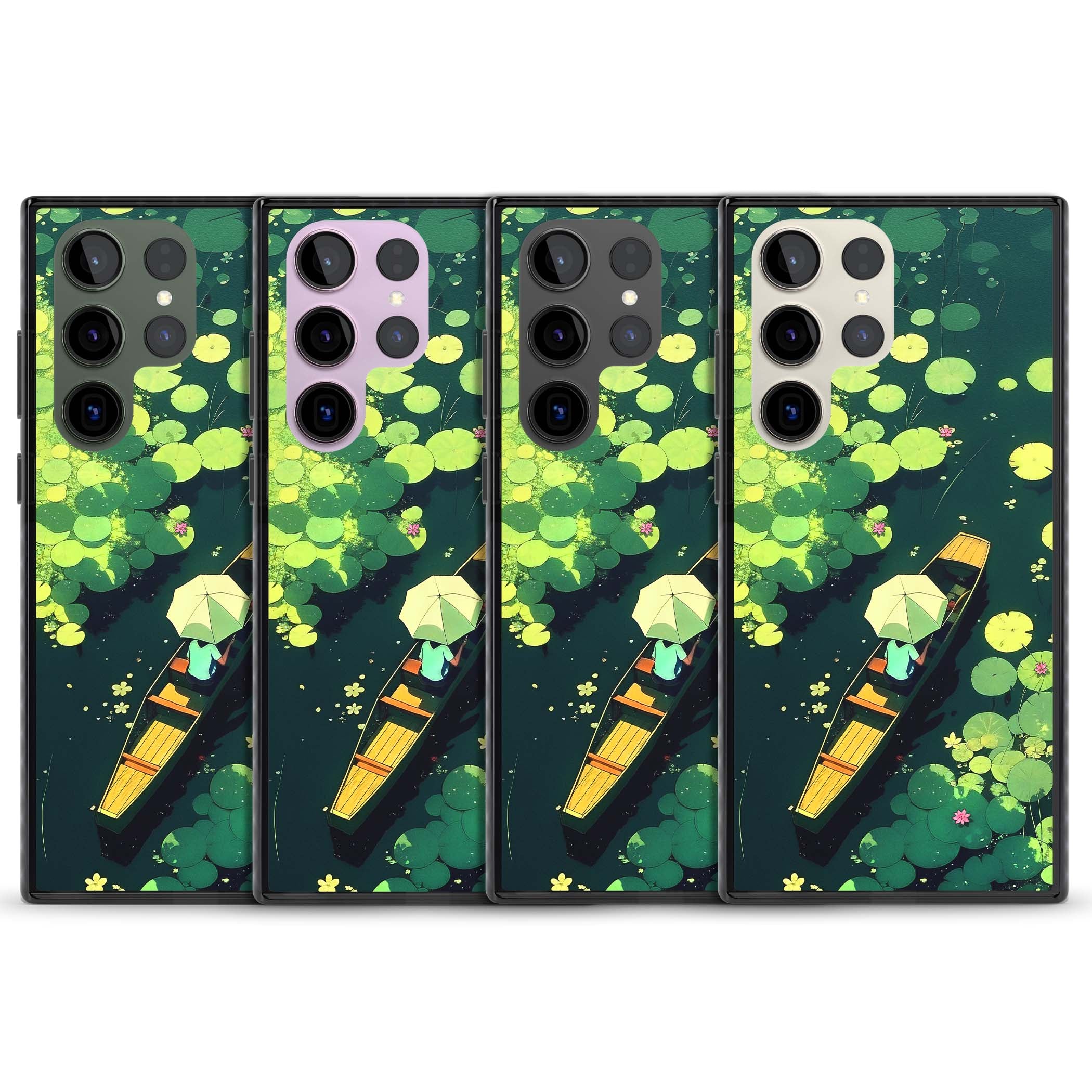 Jade Waters cottagecore iPhone case featuring a painted lily pond, wooden boat with parasol and floating water lilies | Black Impact case for Samsung Galaxy S24 Ultra, Samsung Galaxy S23 Ultra, Samsung Galaxy S22 Ultra