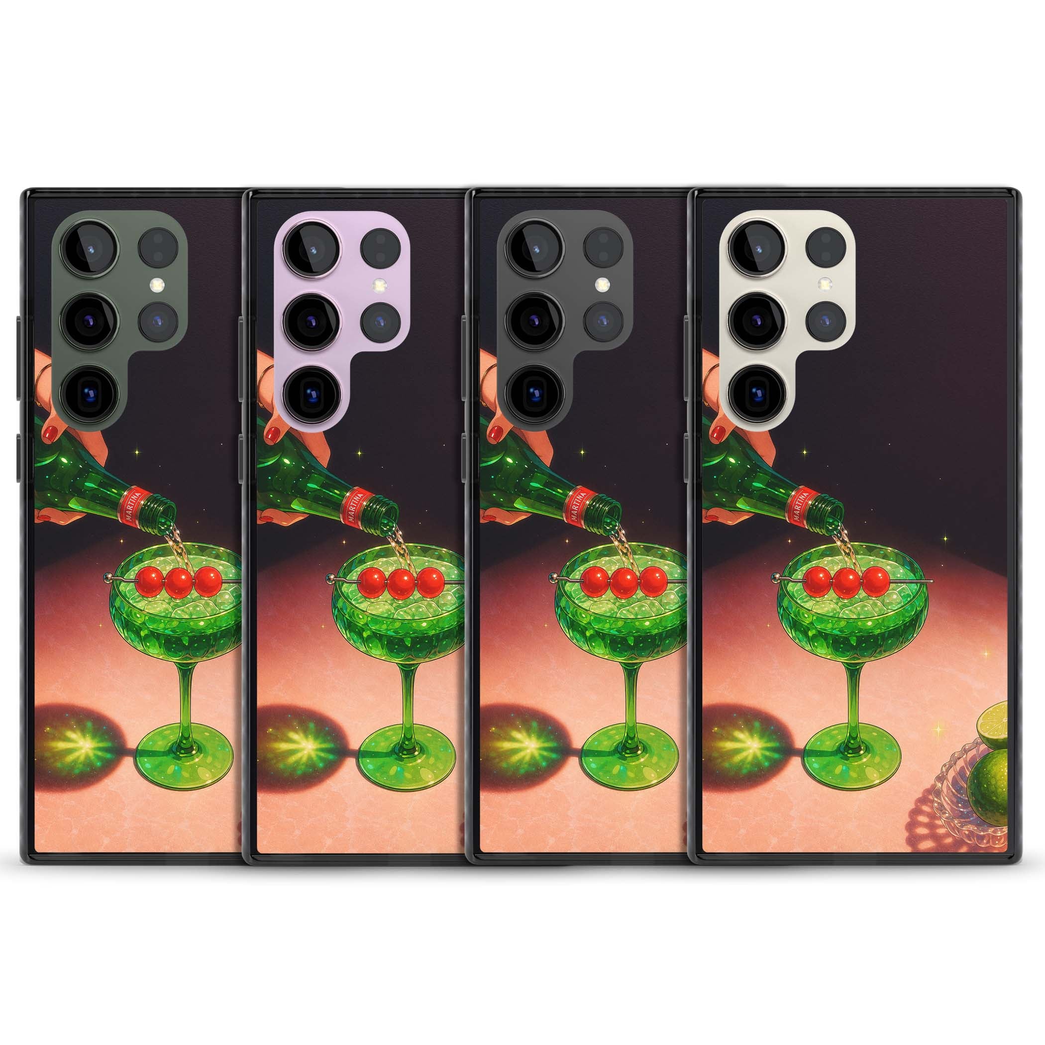 Absinthe Hour cocktail iPhone case featuring a green coupe glass, cherry garnish and vintage bottle pour illustration | Black Impact case for Samsung Galaxy S24 Ultra, Samsung Galaxy S23 Ultra, Samsung Galaxy S22 Ultra