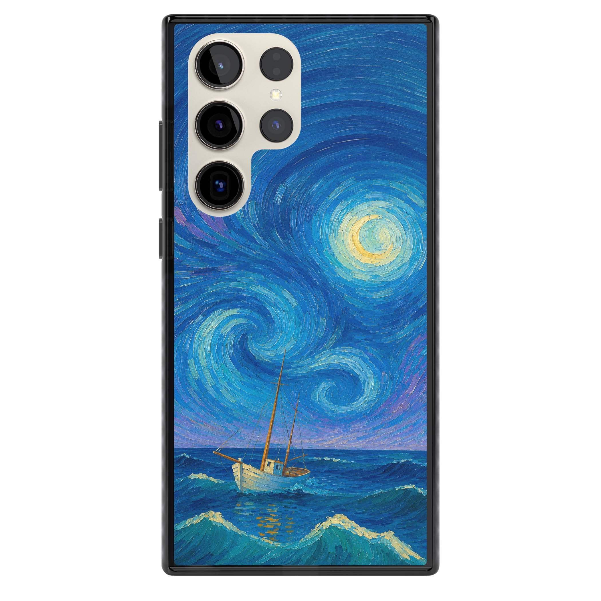 Moonlit Tide Van Gogh art iPhone case featuring swirling starry night sky, glowing moon and lone sailing boat at sea | Black Impact case for Samsung Galaxy S24 Ultra, Samsung Galaxy S23 Ultra, Samsung Galaxy S22 Ultra