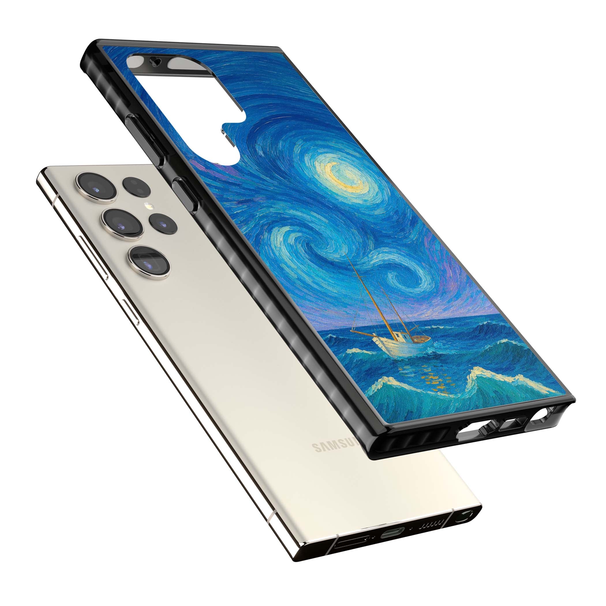 Moonlit Tide Van Gogh art iPhone case featuring swirling starry night sky, glowing moon and lone sailing boat at sea | Black Impact case for Samsung Galaxy S24 Ultra, Samsung Galaxy S23 Ultra, Samsung Galaxy S22 Ultra